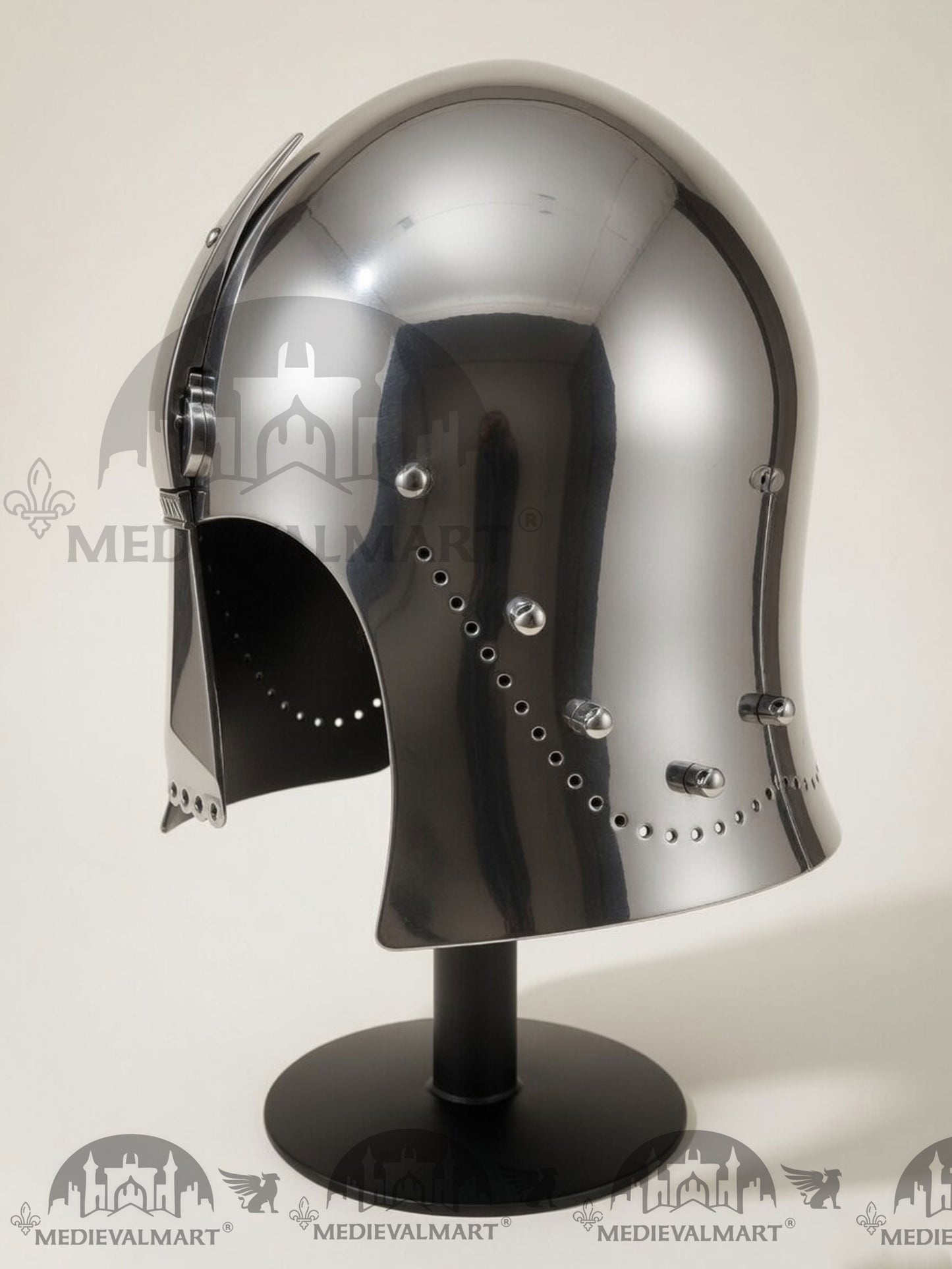 MEDIEVALMART Medieval Great Bascinet Helmet – Polished Steel Knight Helmet for Reenactment & LARP