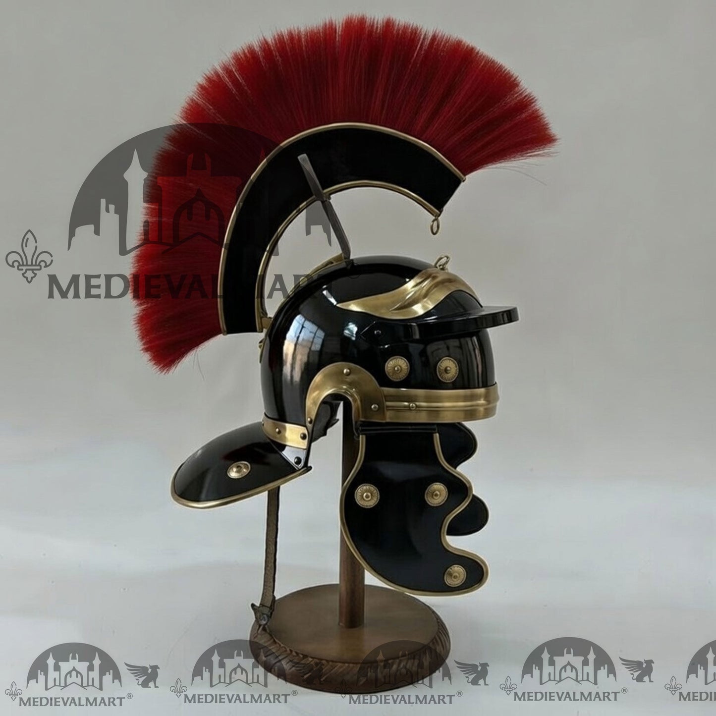 MEDIEVALMART Gallic Roman Centurion Black Finish Helmet Replica Red Plume with Free Stand