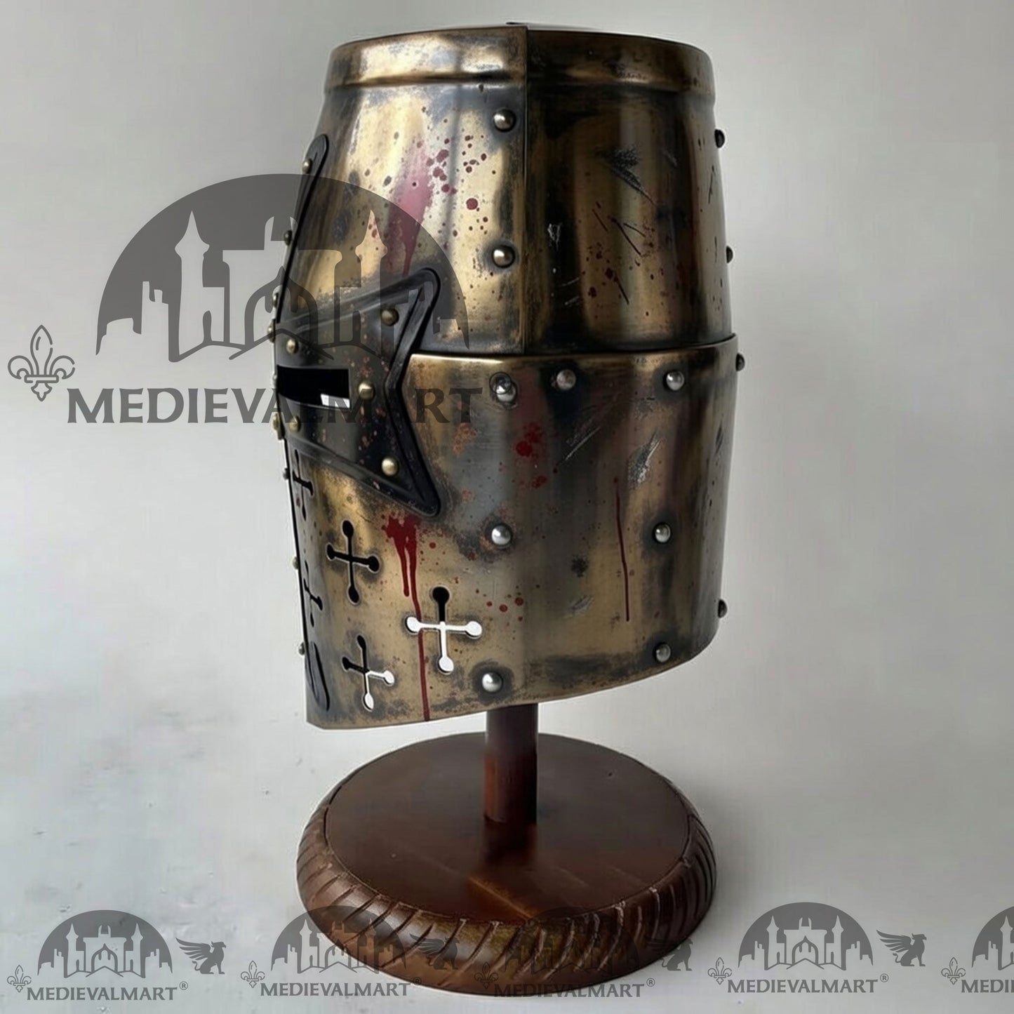 MEDIEVALMART Special Templar Crusader Knight Damage Gold W/H Blood Finish Helmet W/H Free Stand