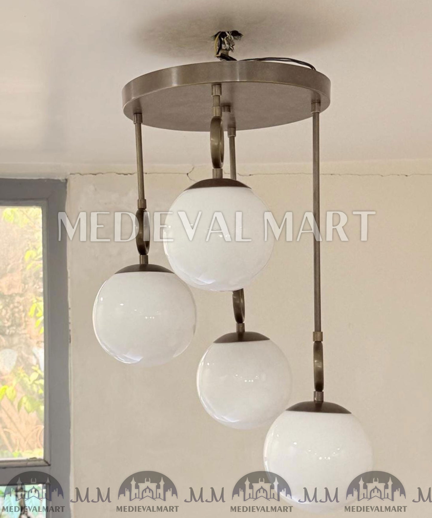 MEDIEVALMART Modern Handcrafted Raw Brass Chandelier | 4 Light Pendant | White Glass Globe Ceiling Light Fixture