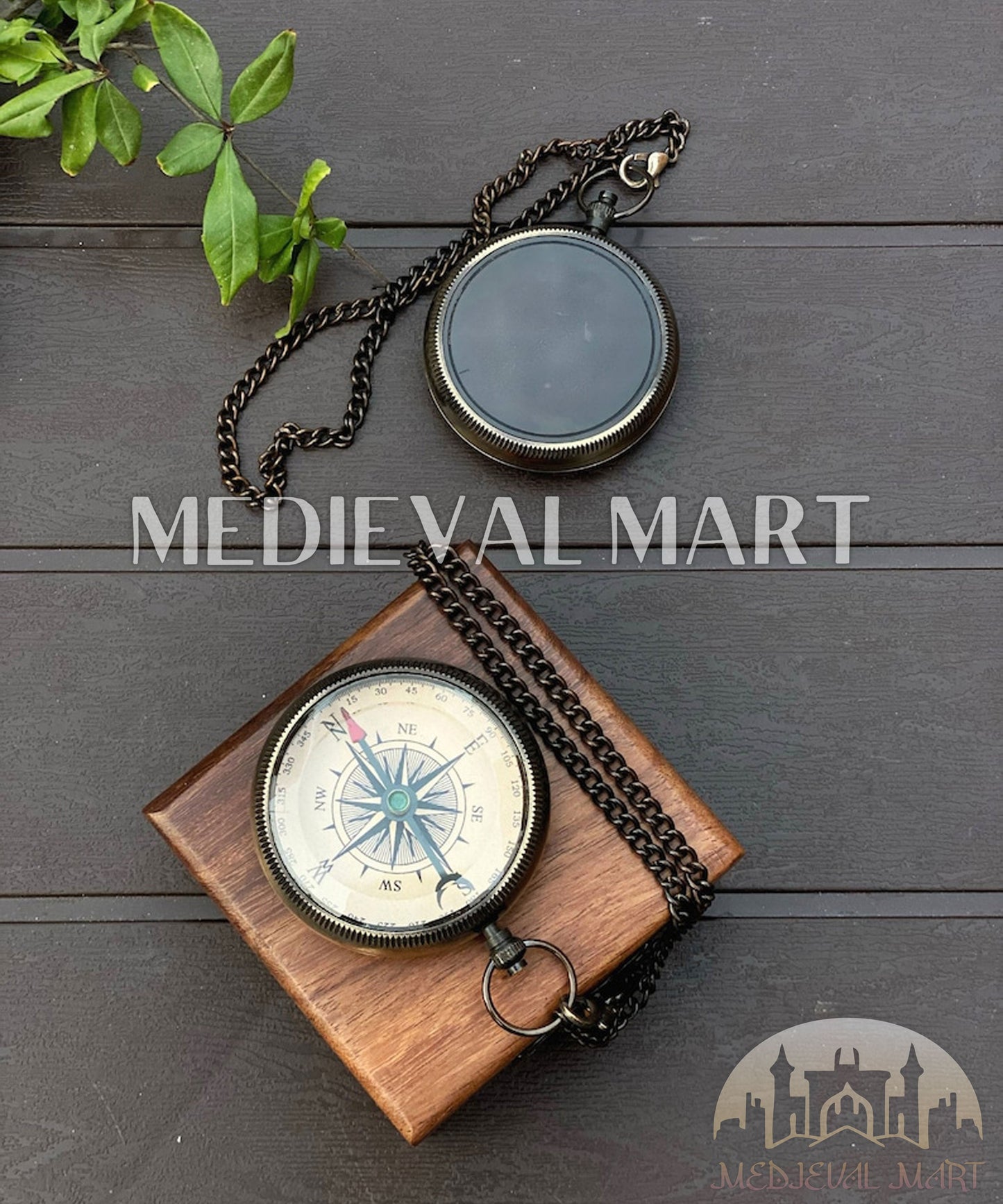 MEDIEVALMART Nautical Custom Engrave Adventure Locket Compass Black Finish W/H Gen-1 Wooden Case| Gift For Dad