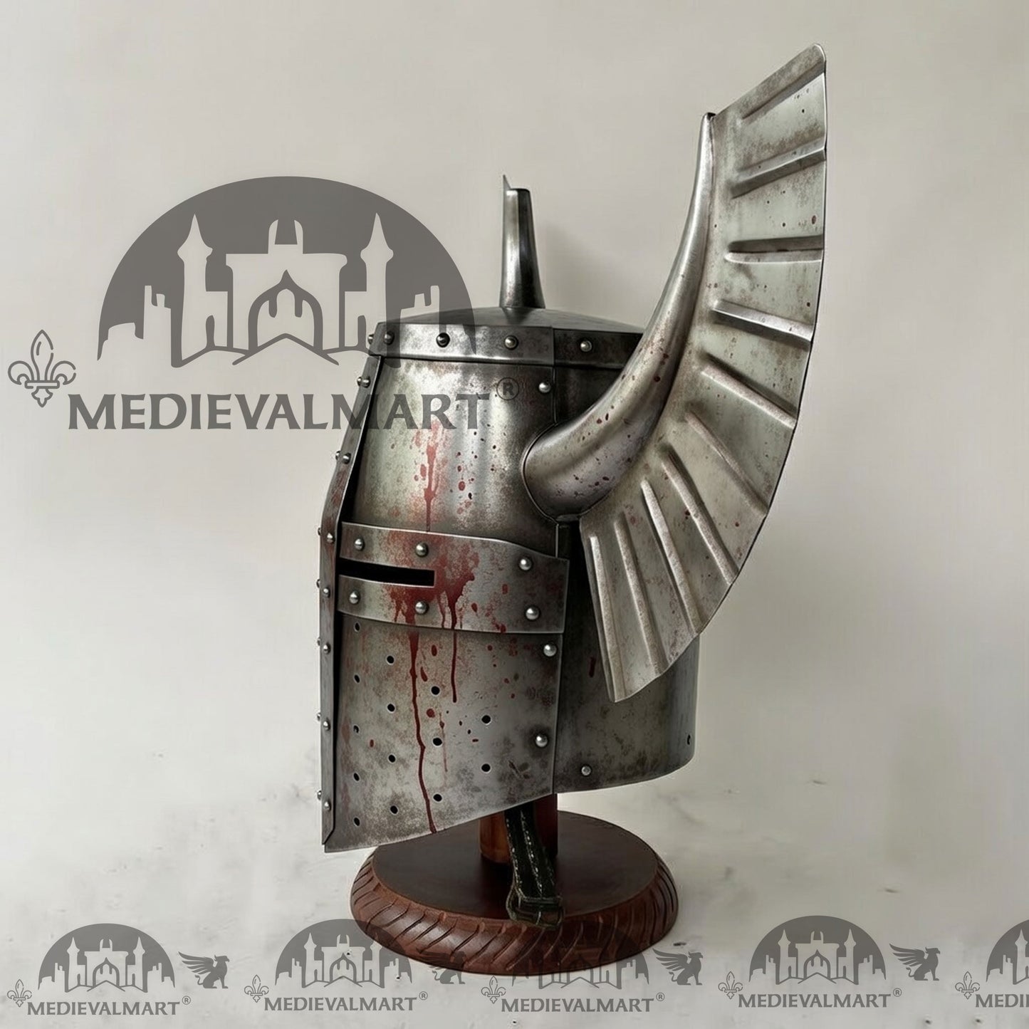 MEDIEVALMART Medieval Templar Warrior Teutonic Damage Silver W/H Blood Finish Wing Helmet with Free Stand