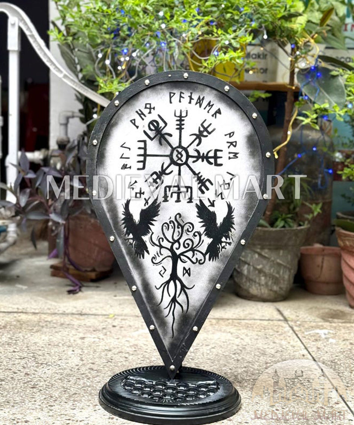 MEDIEVALMART Norse Vegvisir Viking Wooden Shield W/H Ravens & Yggdrasil | Gift for Dad