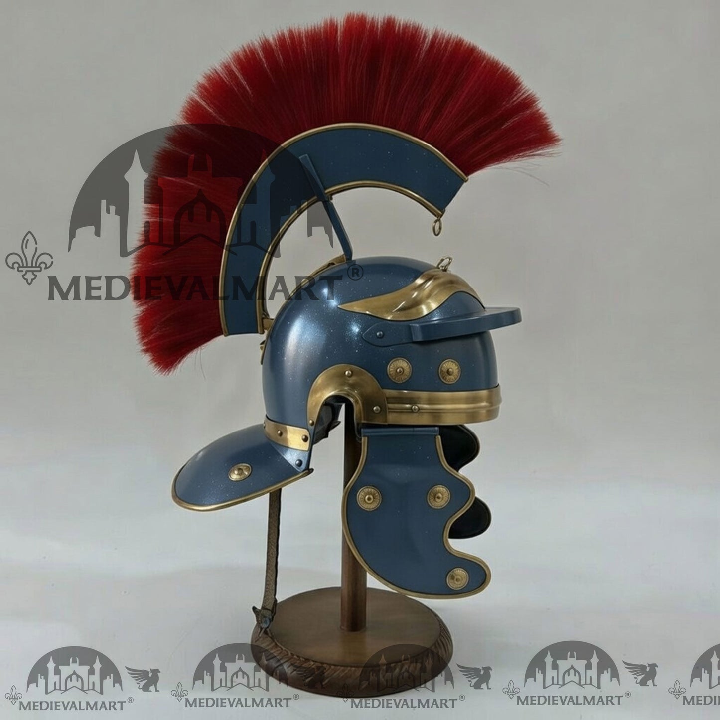 MEDIEVALMART Gallic Roman Centurion Ocean Blue Finish Helmet Replica Red Plume with Free Stand