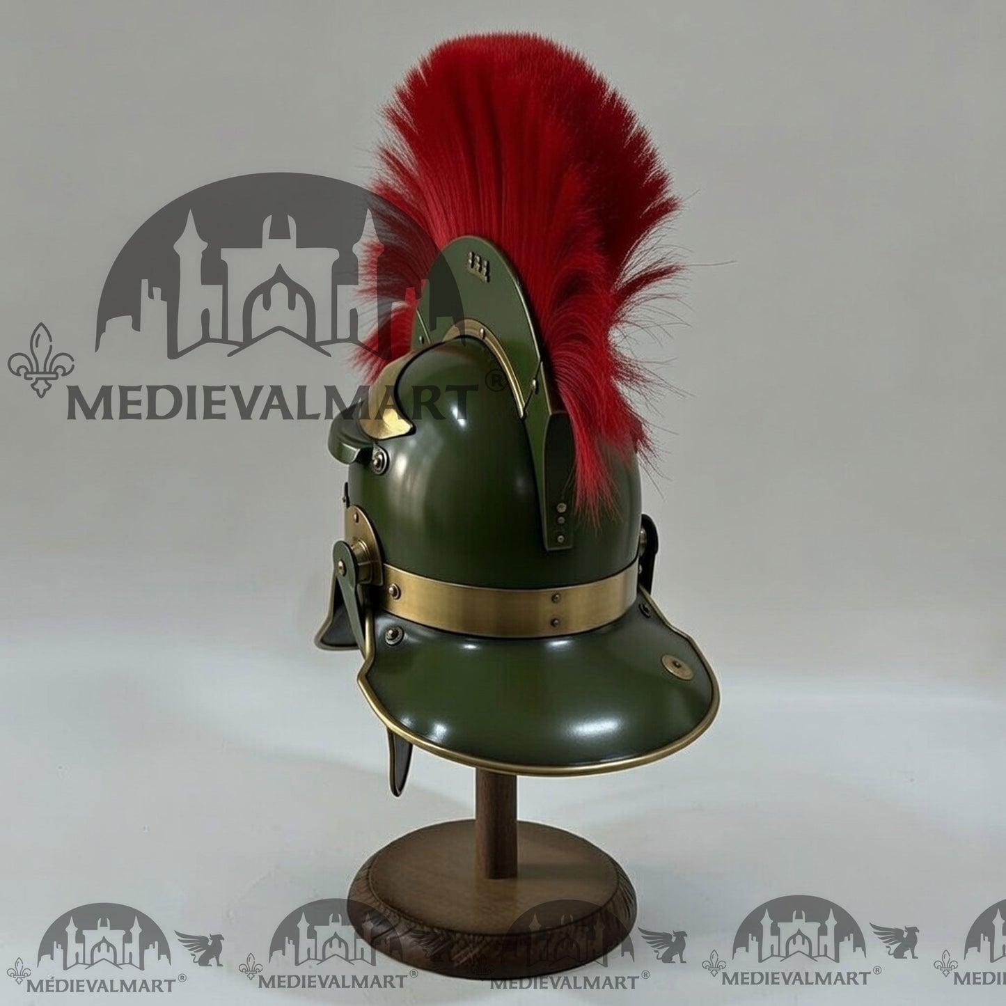 MEDIEVALMART Gallic Roman Centurion Jade Green Finish Helmet Replica Red Plume with Free Stand