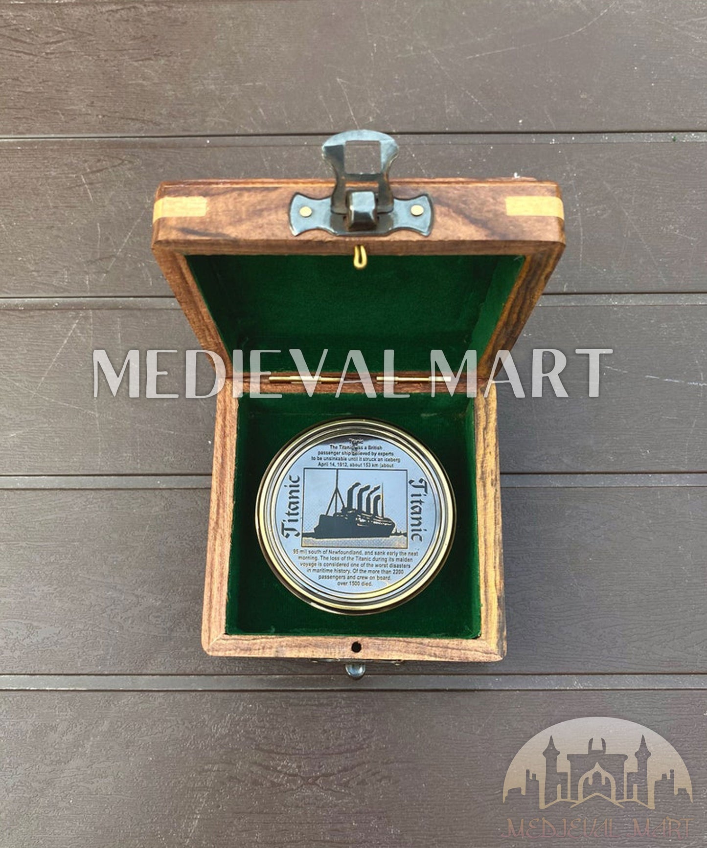 MEDIEVALMART Personal Engrave Titanic Pirates Compass Antique Finish W/H GEN-1 Wooden Case | Gift for Dad