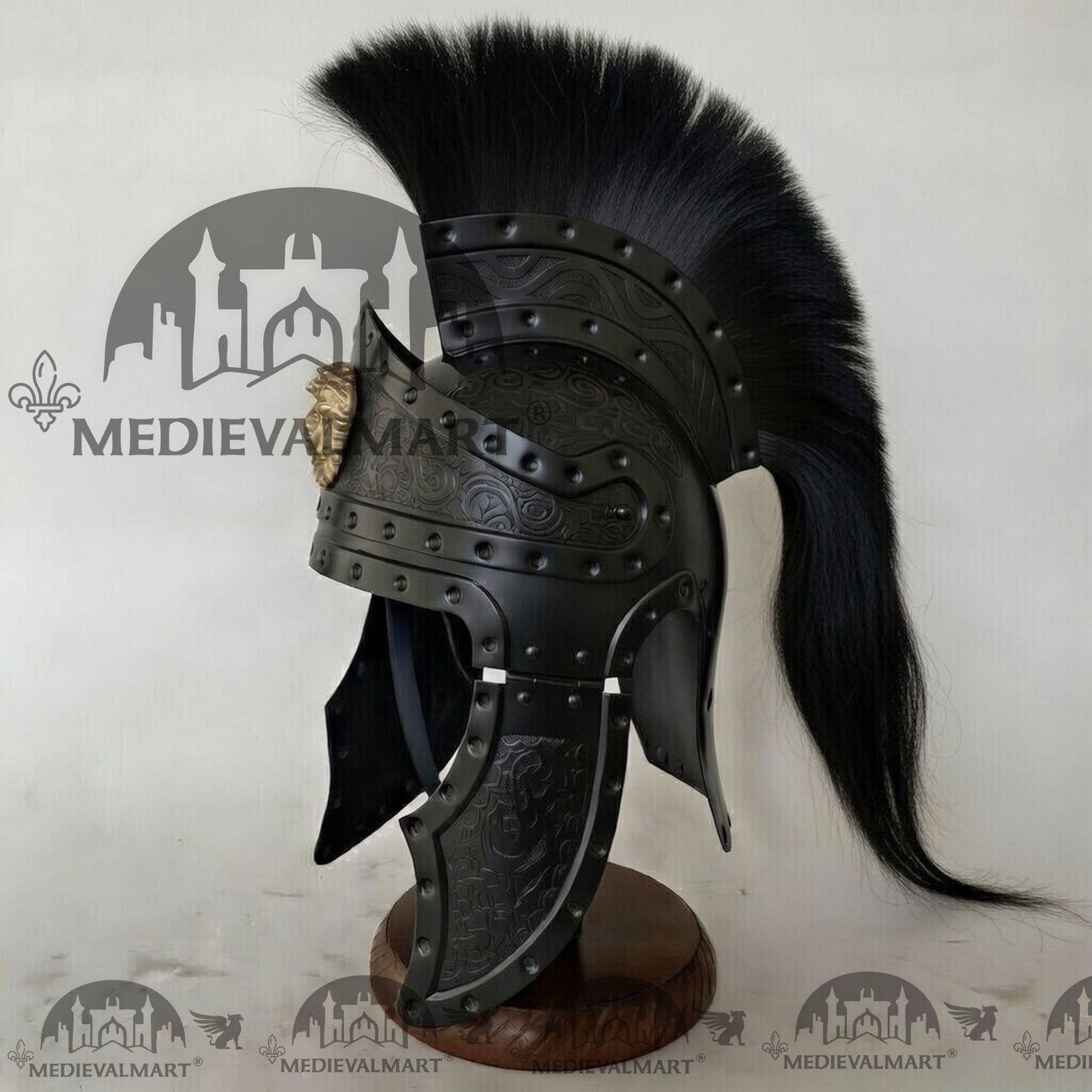 MEDIEVALMART Medieval Roman Centurion Black Finish Helmet with Black Plume or Free Wooden Stand