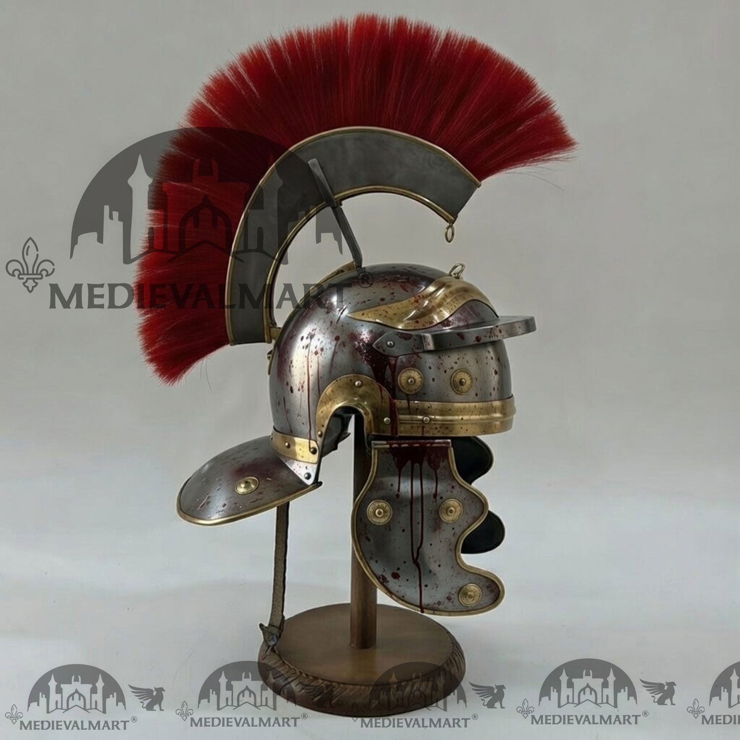 MEDIEVALMART Gallic Roman Centurion Silver Damage W/H Blood Finish Helmet Replica Red Plume with Free Stand