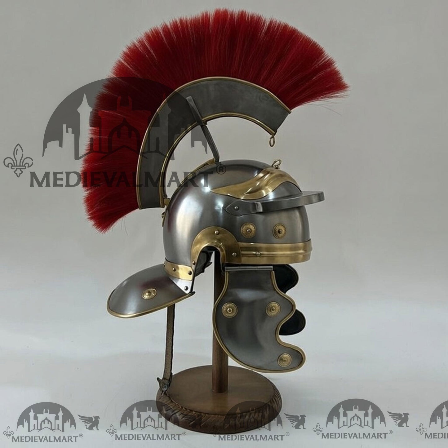 MEDIEVALMART Gallic Roman Centurion Silver Finish Helmet Replica Red Plume with Free Stand