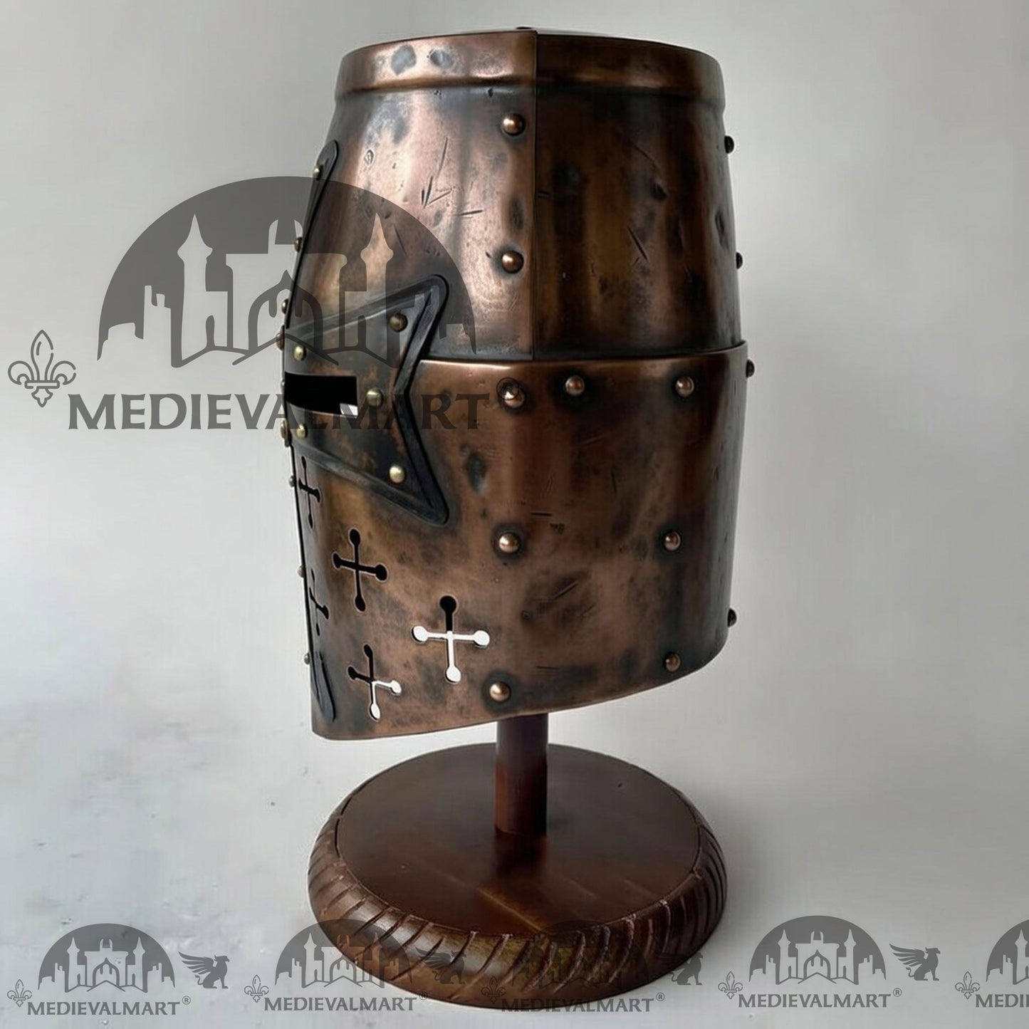 MEDIEVALMART Special Templar Crusader Knight Battle Damage Copper Finish Helmet W/H Free Stand