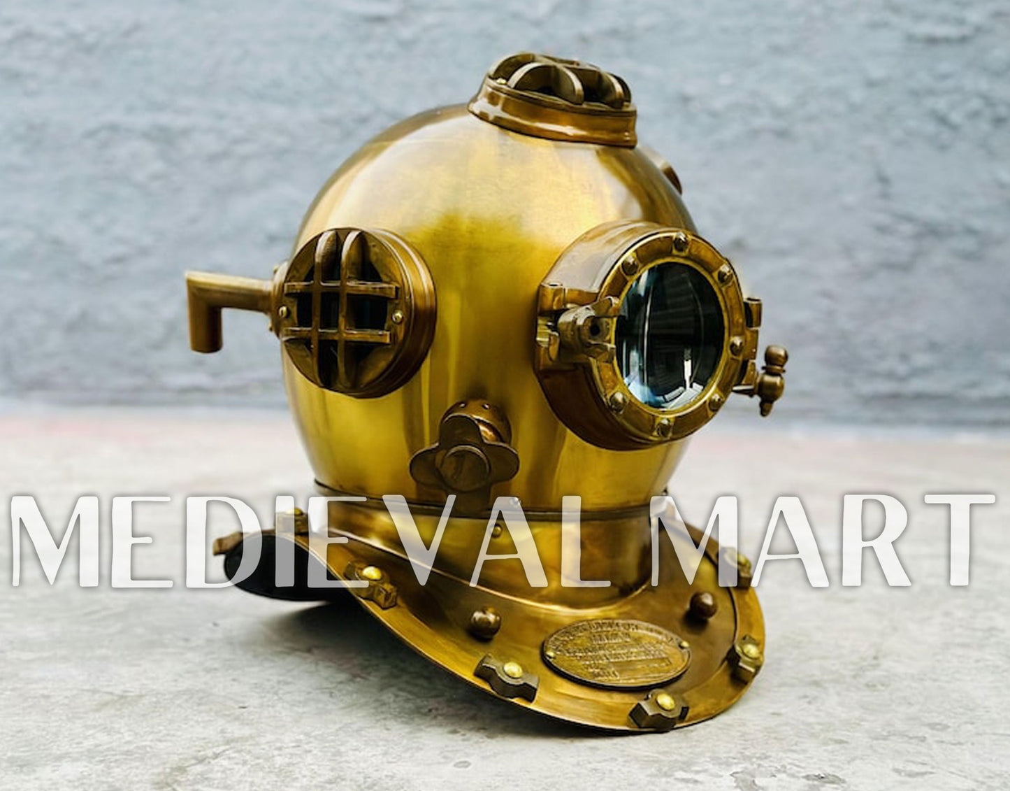 MEDIEVALMART Antique Gold Finish Diving Helmet With Wooden Base