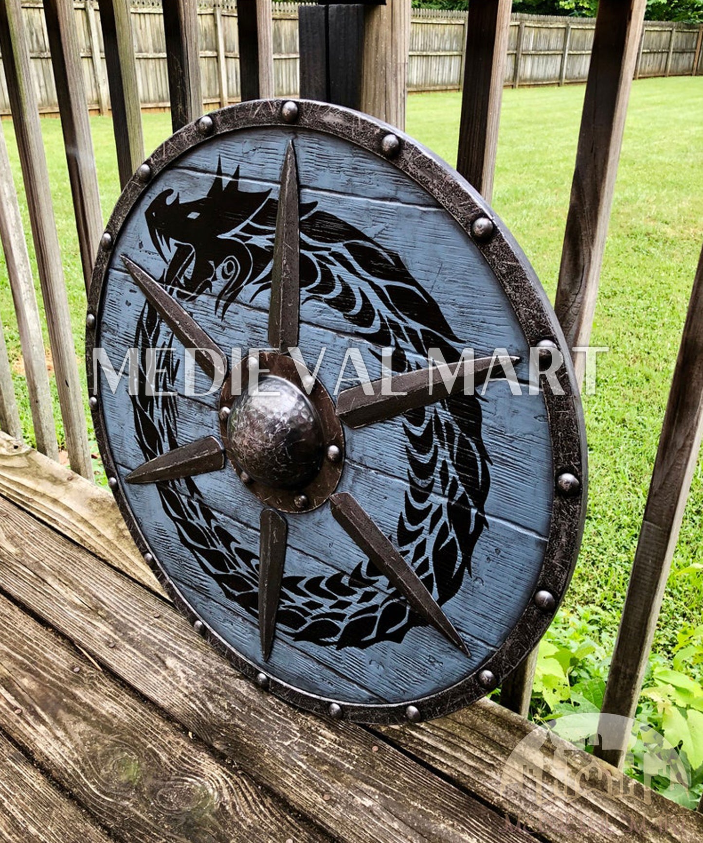 MEDIEVALMART Viking's Blue Ouroboros Iron Spikes Battleworn Viking Wooden Shield | Gifts For Dad