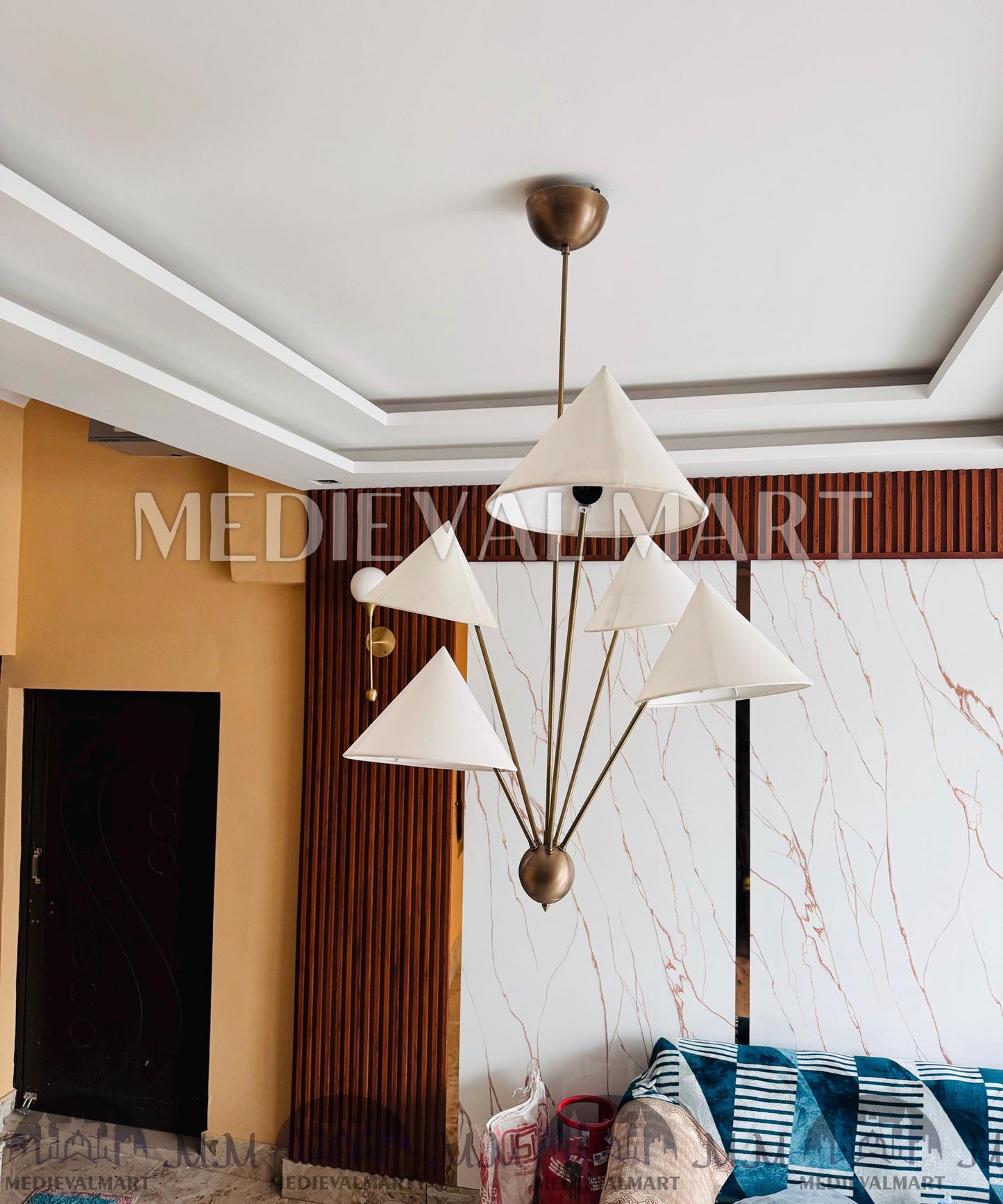 MEDIEVALMART Hand Crafted Brass Sputnik Chandelier with Linen Shades | Modern 5 Arm Chandelier Light Fixture