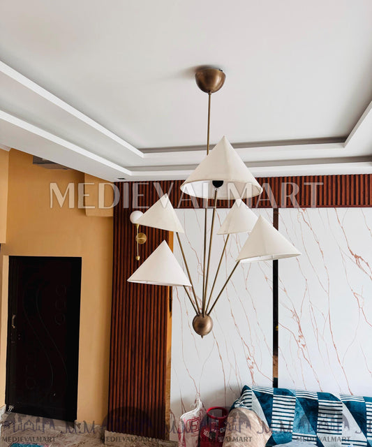 MEDIEVALMART Hand Crafted Brass Sputnik Chandelier with Linen Shades | Modern 5 Arm Chandelier Light Fixture
