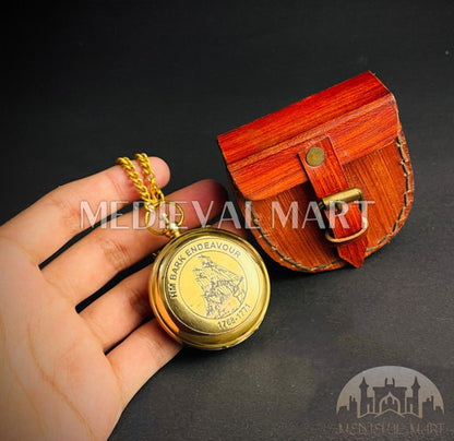 MEDIEVALMART Nautical Pirates Vintage Pocket Engrave  Compass Locket Gold Finish W/H Leather Case | Gift For Her