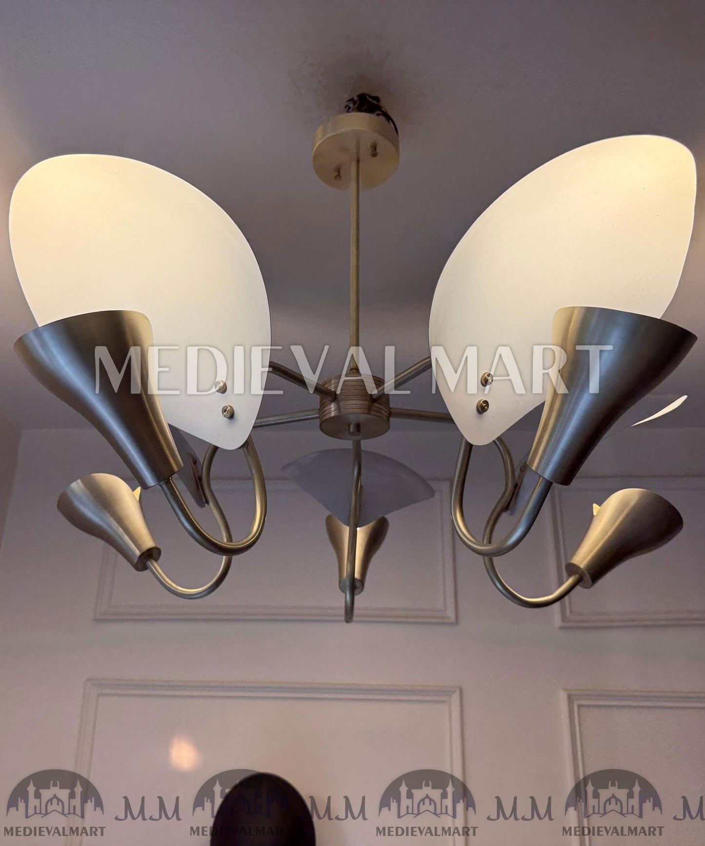 MEDIEVALMART Handmade Brass 5-Arm Chandelier | Mid-Century Modern Light Fixture