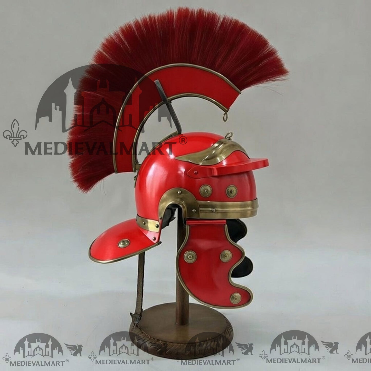 MEDIEVALMART Gallic Roman Centurion Red Finish Helmet Replica Red Plume with Free Stand