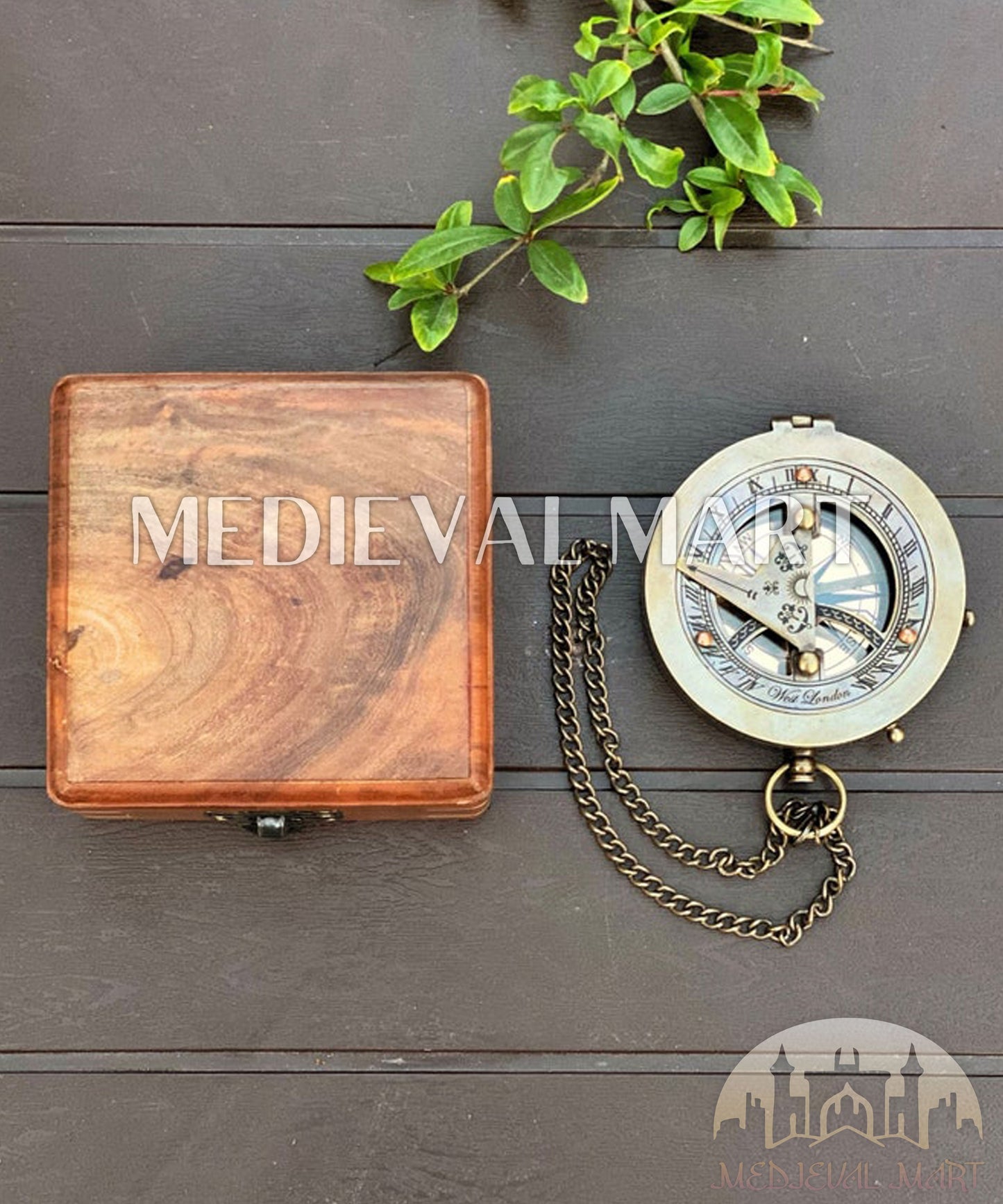 MEDIEVALMART Custom Engrave Nautical Sun Clock Adventure Compass Gold Finish W/H Gen-1 Wooden Case | Gift For Mom