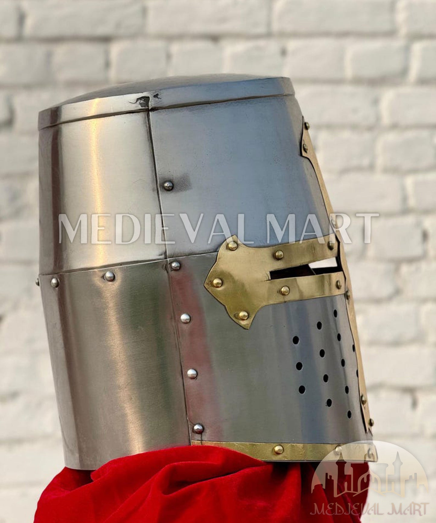 MEDIEVALMART Medieval Sivler Knight Templar Crusader Helmet W/H Brass Deco for LARP or Cosplay - Gift For Dad