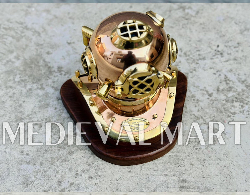 MEDIEVALMART 6"INCH Pure Cooper Brass Diving Helmet With Wooden Base