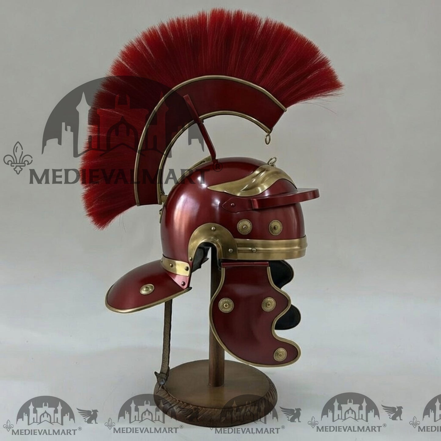 MEDIEVALMART Gallic Roman Centurion Maroon Red Finish Helmet Replica Red Plume with Free Stand