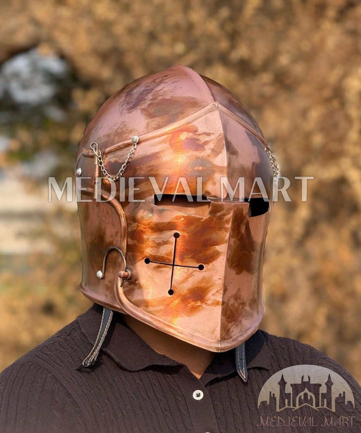MEDIEVALMART Medieval Knight Armor 18g Mild Steel Copper Commando Barbuta Helmet for LARP or Cosplay - Gift For Dad