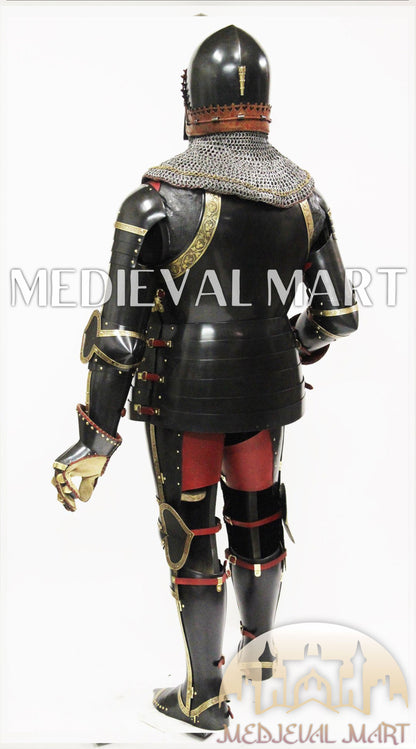 MEDIEVALMART Dark Paladin Imperial Guard Knight  Black & Brass Deco Full Body Metal Armor Costume W/H Houndskull