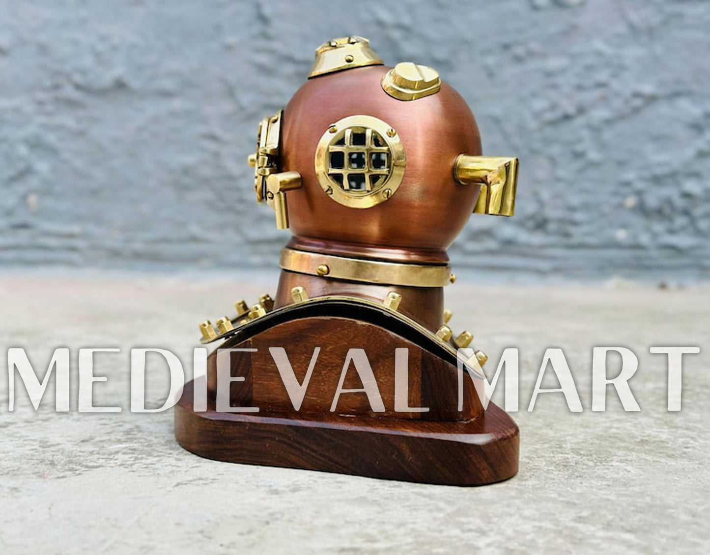 MEDIEVALMART 6"INCH Brown Diving Helmet With Wooden Base