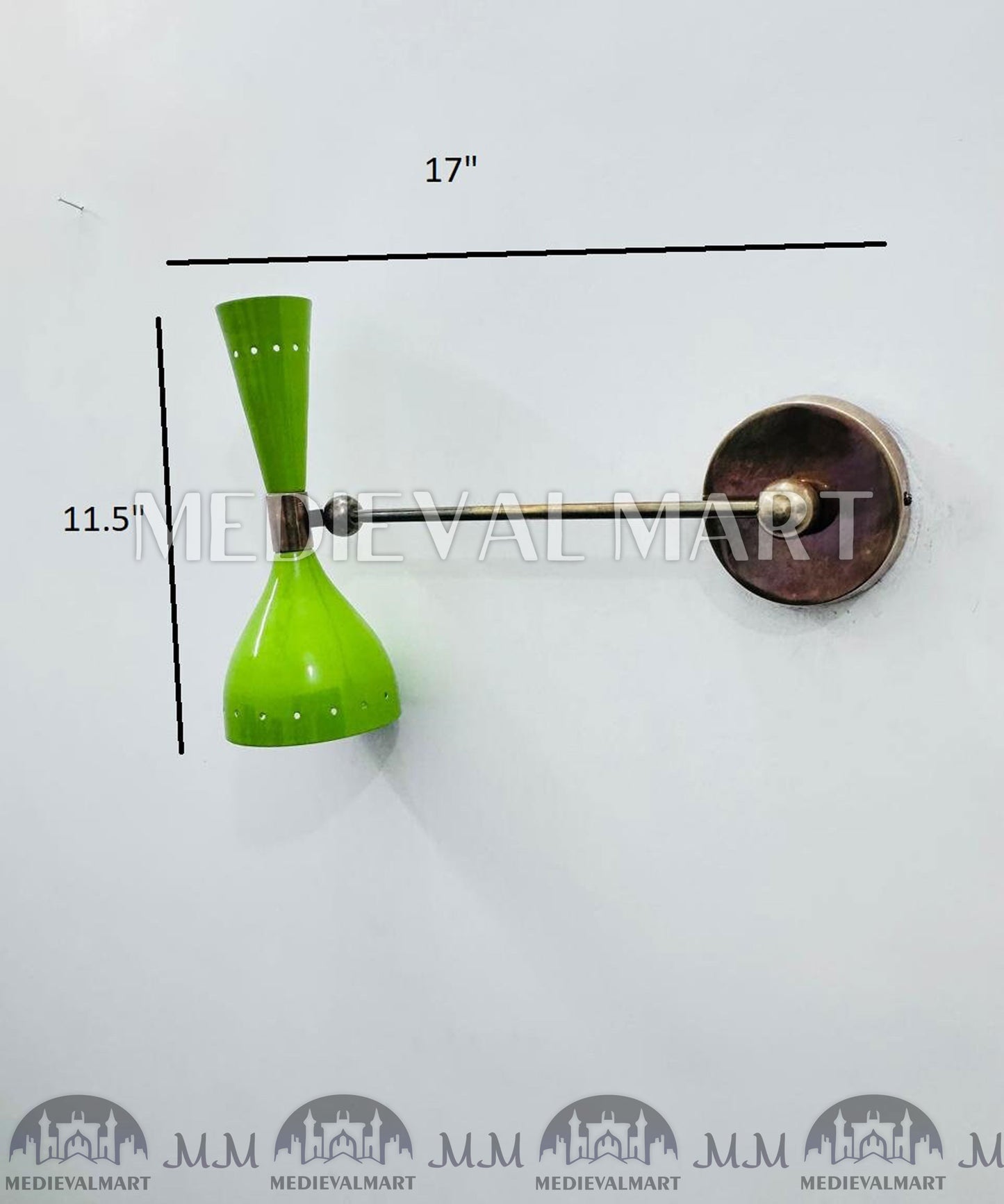 MEDIEVALMART 1950s Italian Diabolo Wall Sconce: Mid-Century Olive Green Brass Light