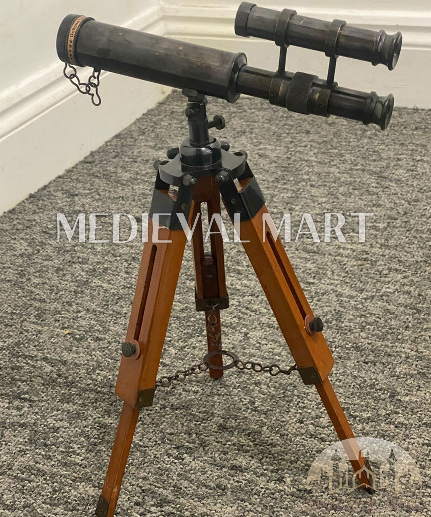 MEDIEVALMART Nautical Telescope 10 Inch Double Barrel Solid Brass Spyglass With Wooden Tripod
