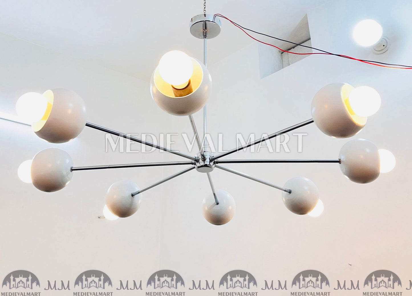 MEDIEVALMART Modern Brass Chandelier 8 White Round Shades Chrome Finish