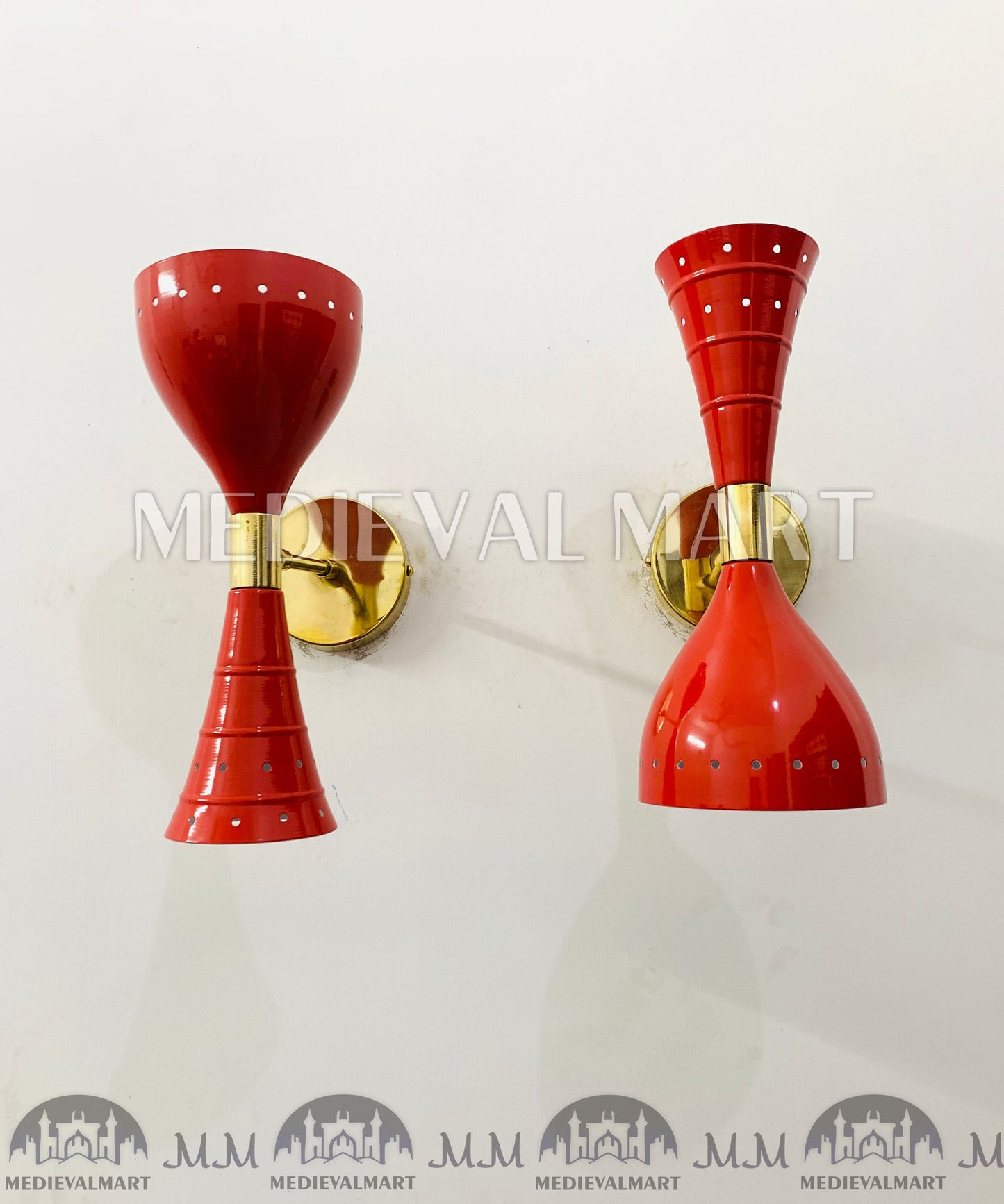 MEDIEVALMART Mid Century Brass Diabolo Wall Sconce Pair: Italian Stilnovo Style