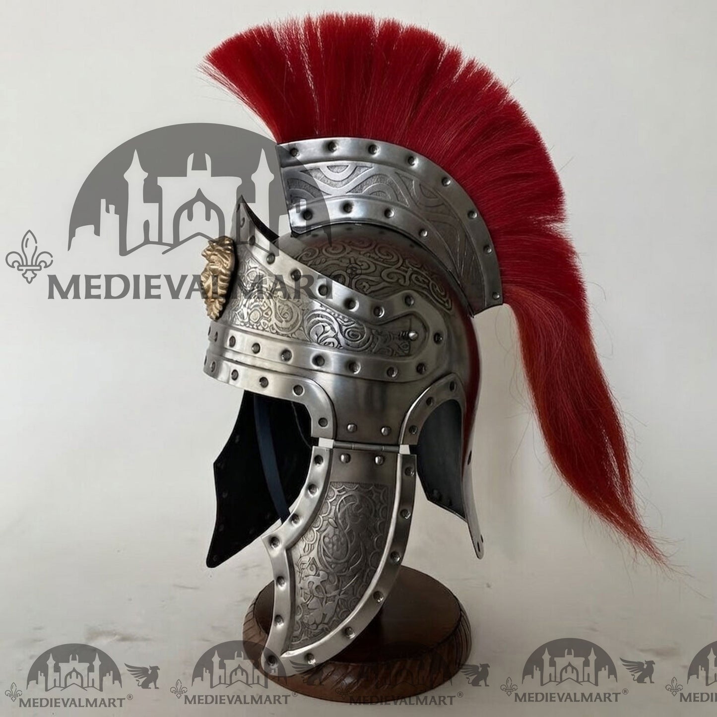 MEDIEVALMART Medieval Roman Centurion Silver Finish Helmet with Red Plume or Free Wooden Stand