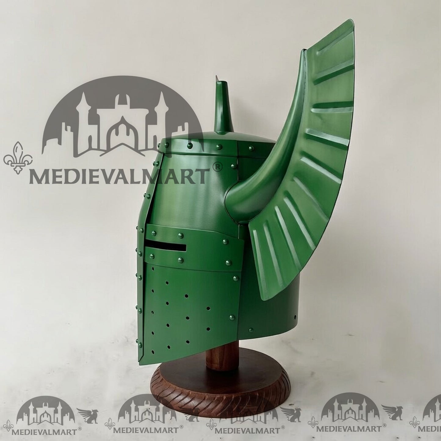 MEDIEVALMART Medieval Templar Warrior Teutonic Green Finish Wing Helmet with Free Stand