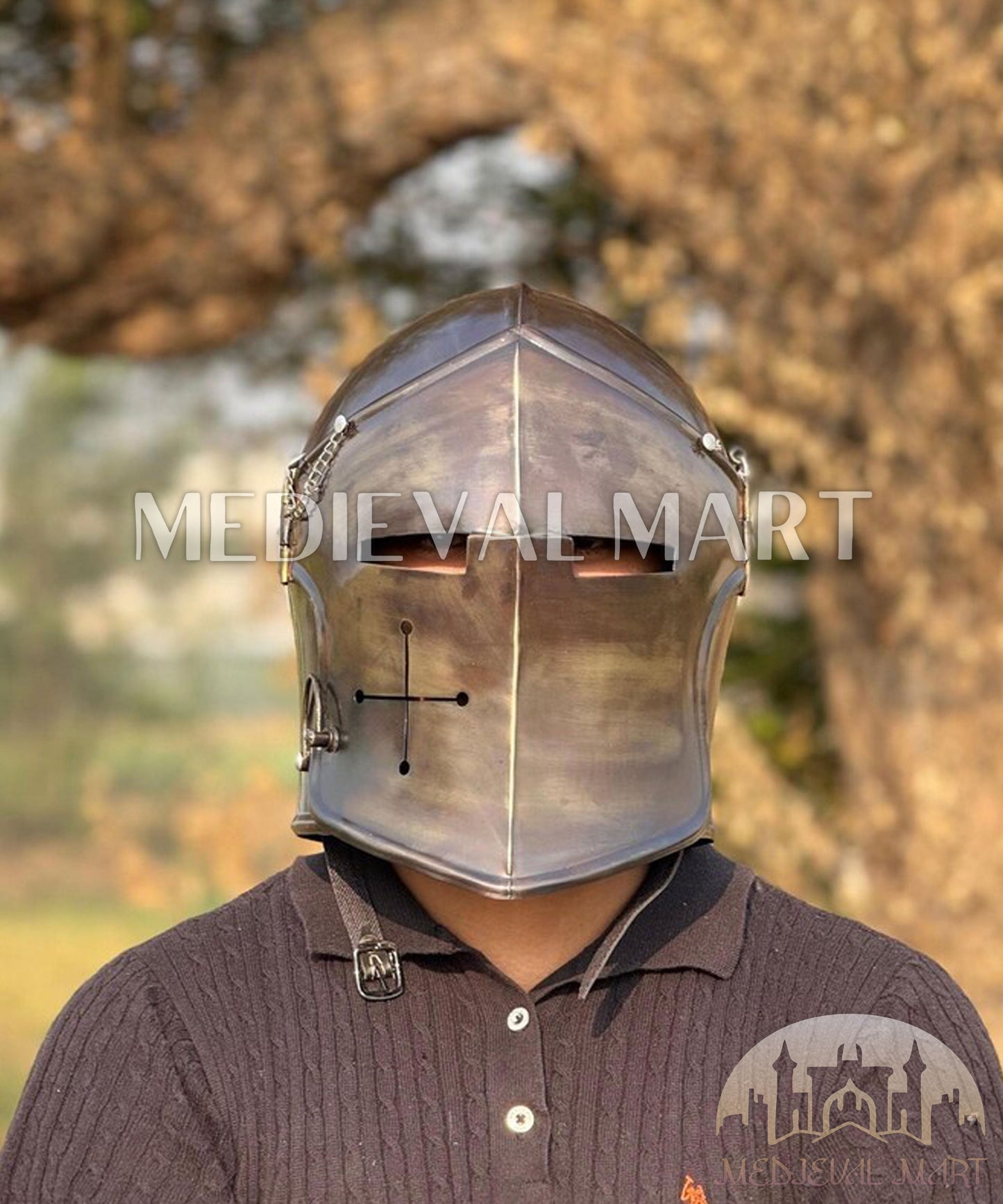 MEDIEVALMART Medieval Knight Armor 18g Mild Steel Burnished Antique Finish Barbuta Helmet for LARP or Cosplay - Gift For Dad