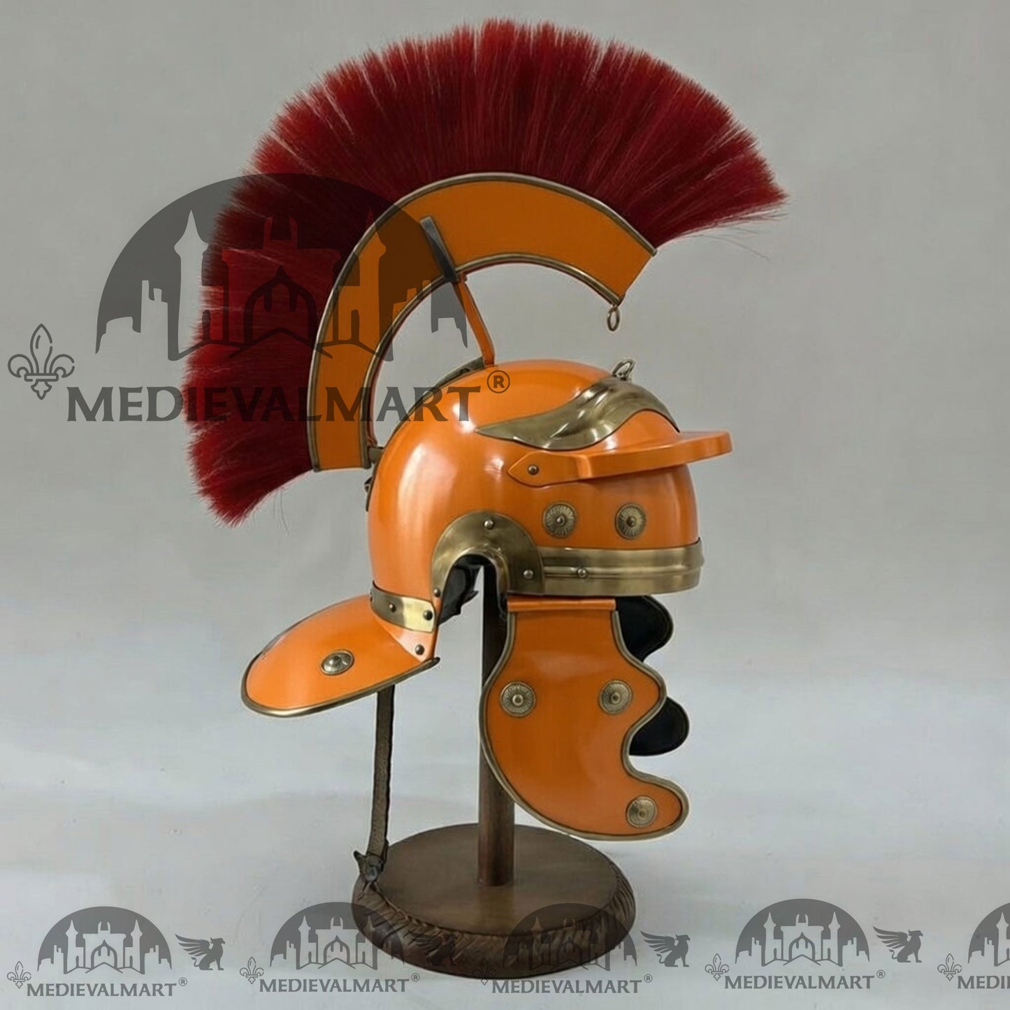 MEDIEVALMART Gallic Roman Centurion Orange Finish Helmet Replica Red Plume with Free Stand