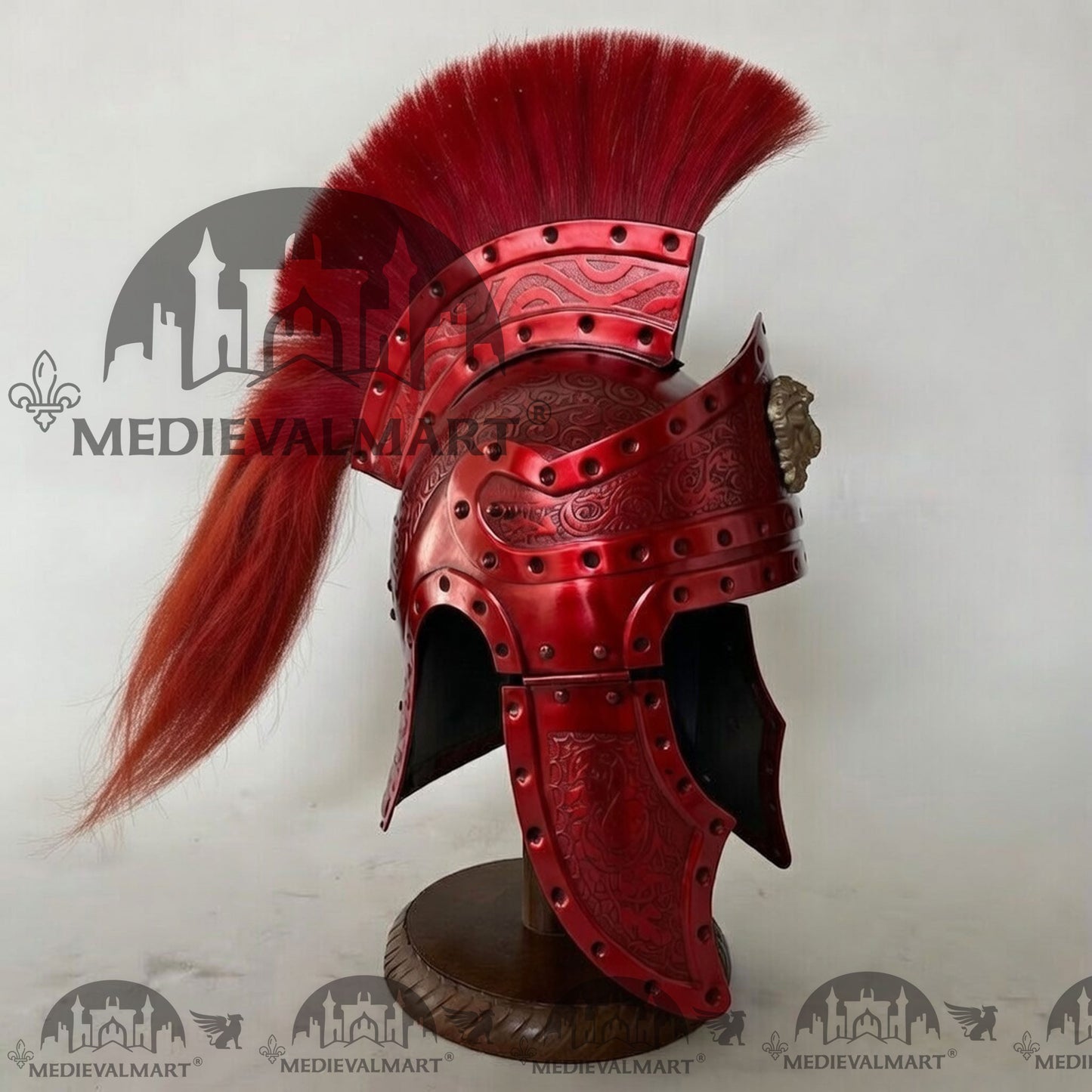 MEDIEVALMART Medieval Roman Centurion Red Finish Helmet with Red Plume or Free Wooden Stand