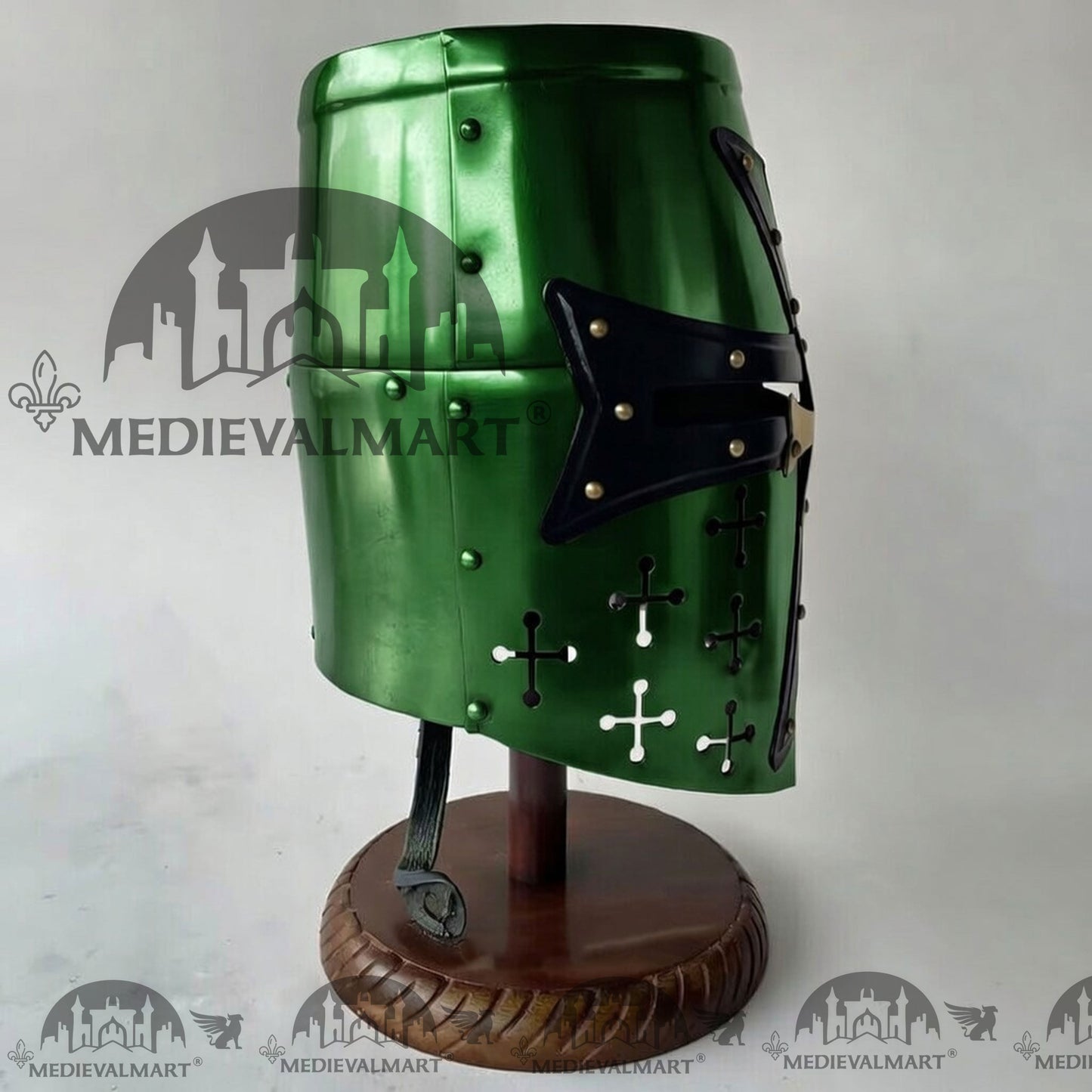 MEDIEVALMART Special Templar Crusader Knight Green Finish Helmet W/H Free Stand