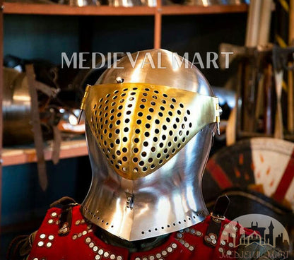 MEDIEVALMART British Ancient Battle Ready Warrior Bicoque Kasten-brust Helmet with Brass Face Mask