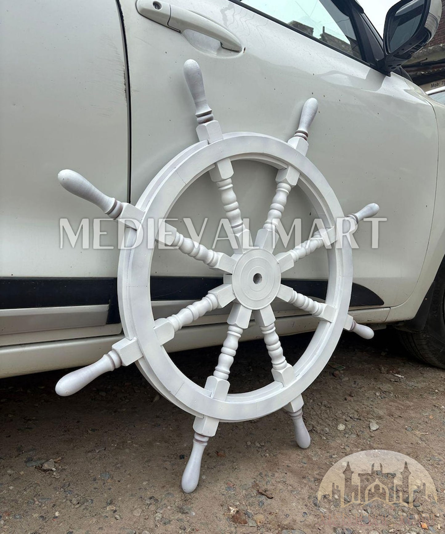 MEDIEVALMART Nautical Wooden "White" Ship Wheel for Wall Decor