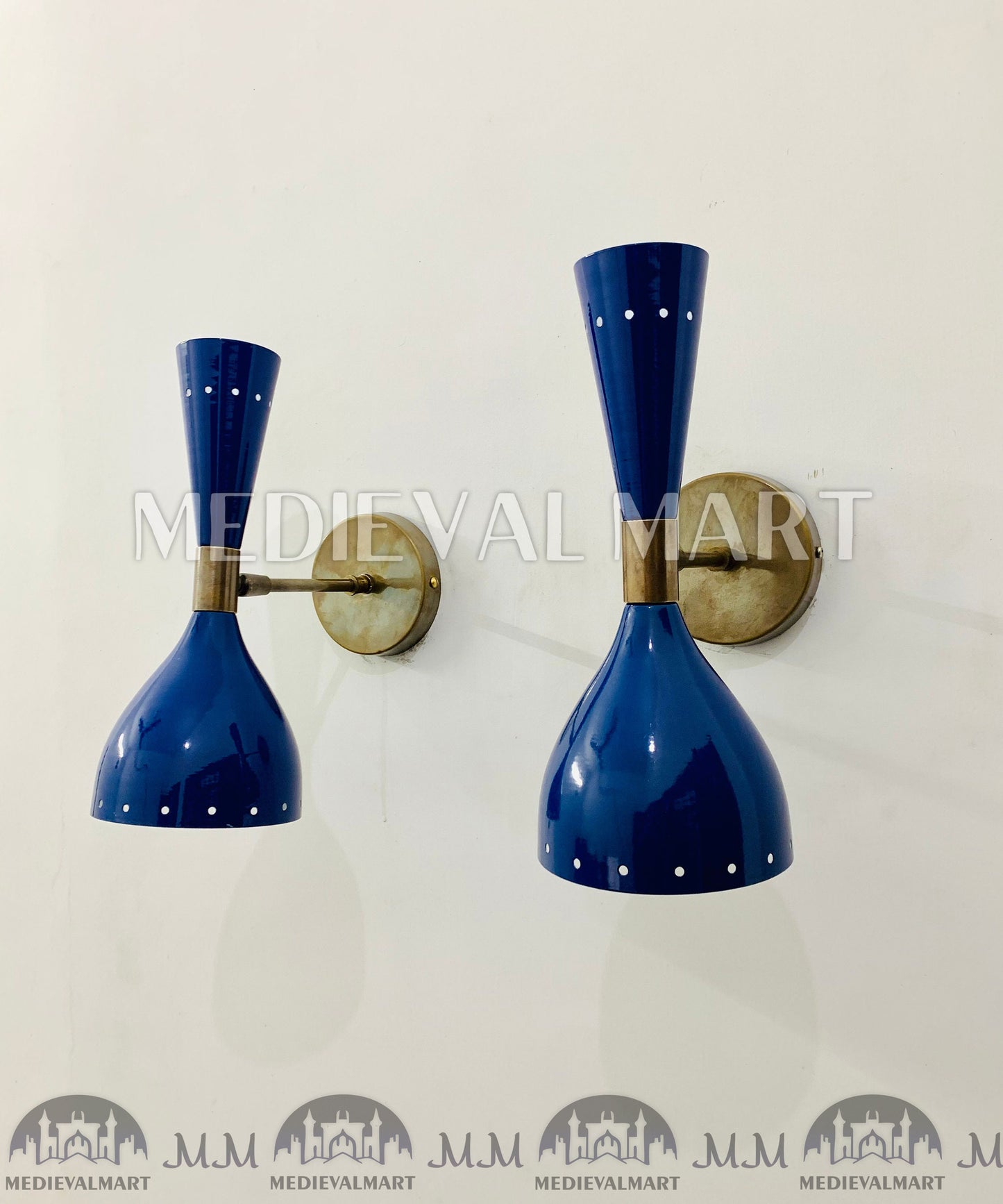 MEDIEVALMART Italian Brass Wall Sconce: Mid Century Modern Shiny Blue Light Fixture