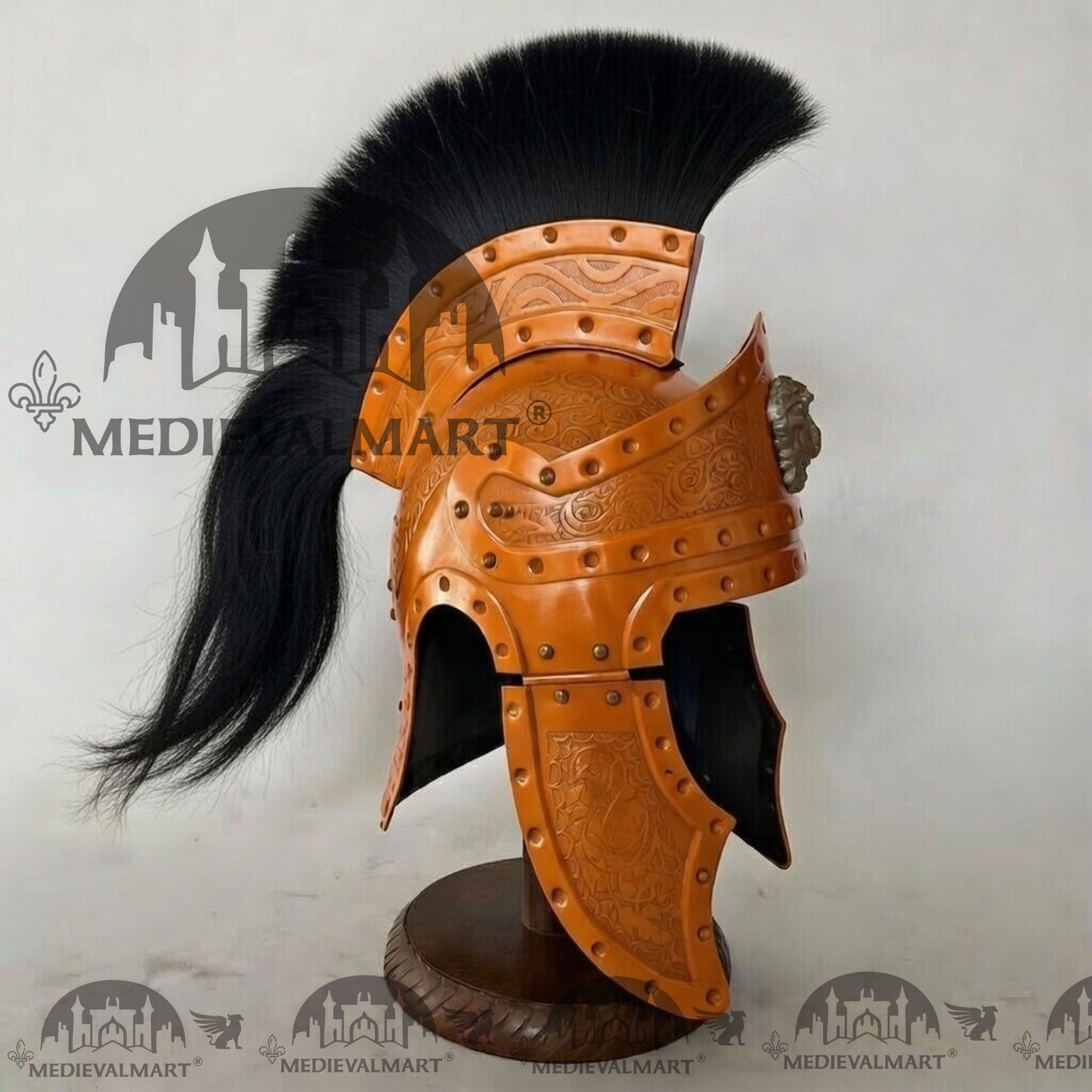 MEDIEVALMART Medieval Roman Centurion Orange Finish Helmet with Black Plume or Free Wooden Stand