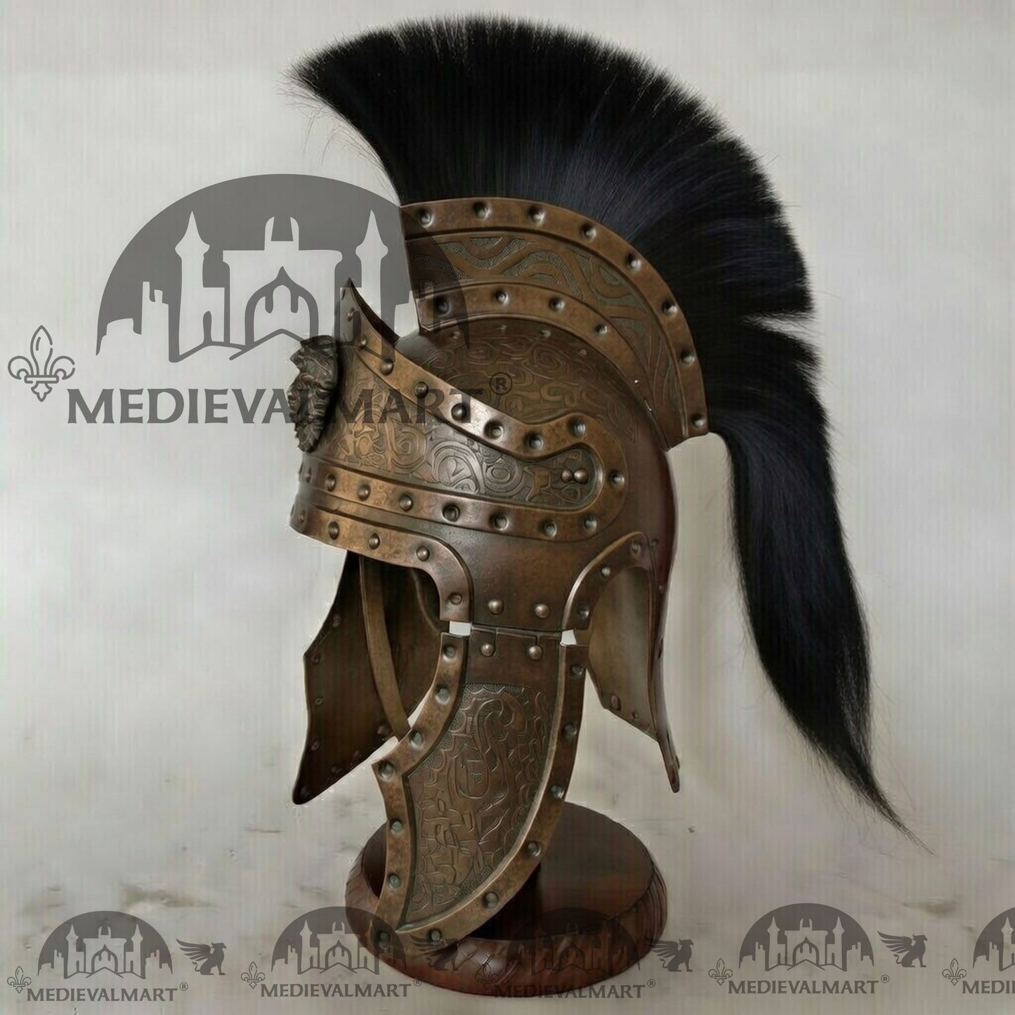 MEDIEVALMART Medieval Roman Centurion Antique Bronze Finish Helmet with Black Plume or Free Wooden Stand