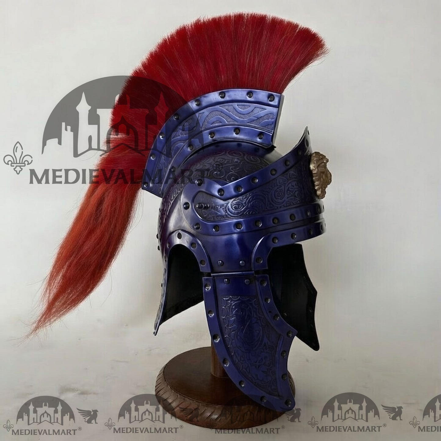MEDIEVALMART Medieval Roman Centurion Blue Finish Helmet with Red Plume or Free Wooden Stand