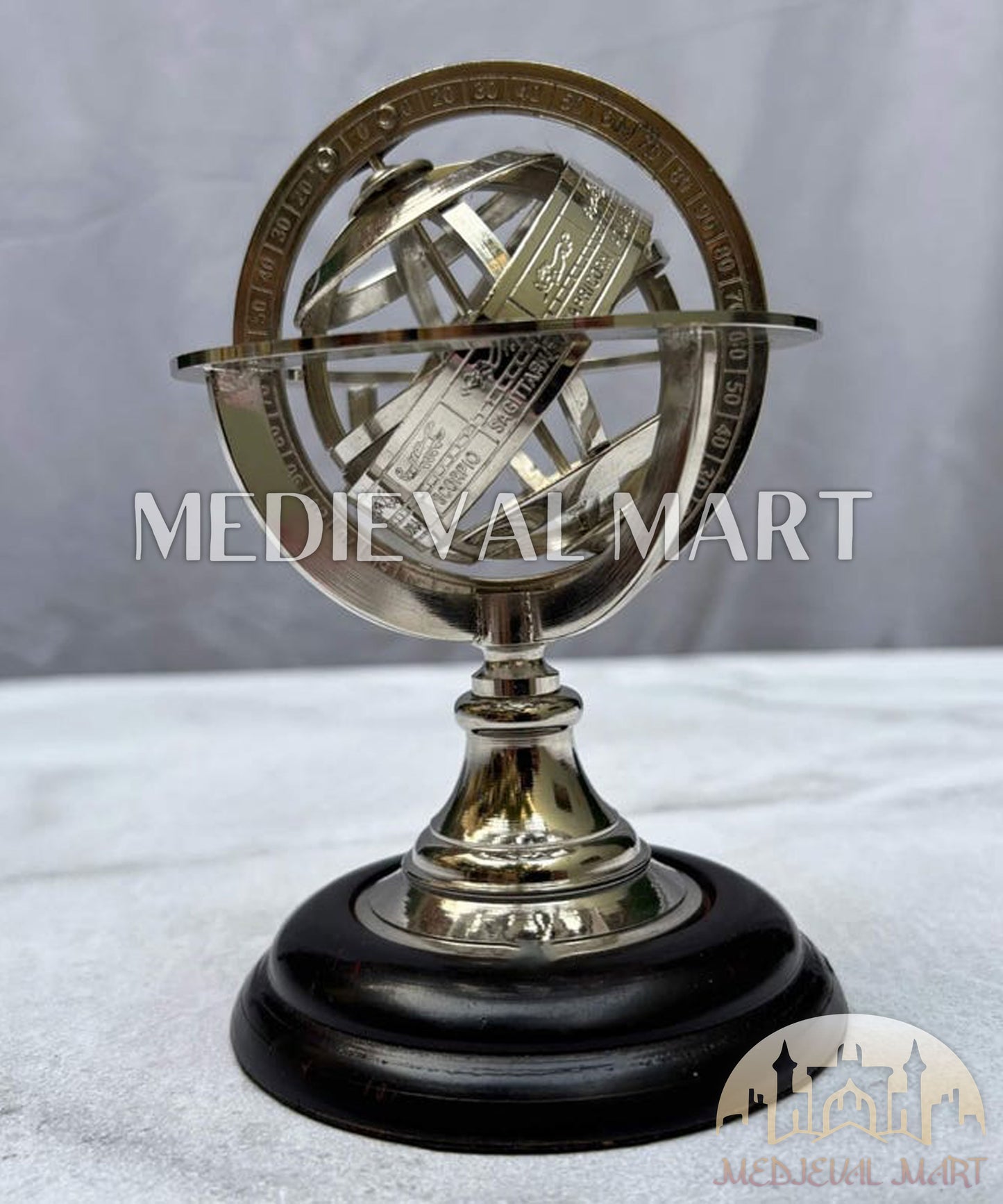 MEDIEVALMART Handmade Nickel Brass Celestial Globe: Zodiac Armillary Sphere on Wood Base Gift for Mom