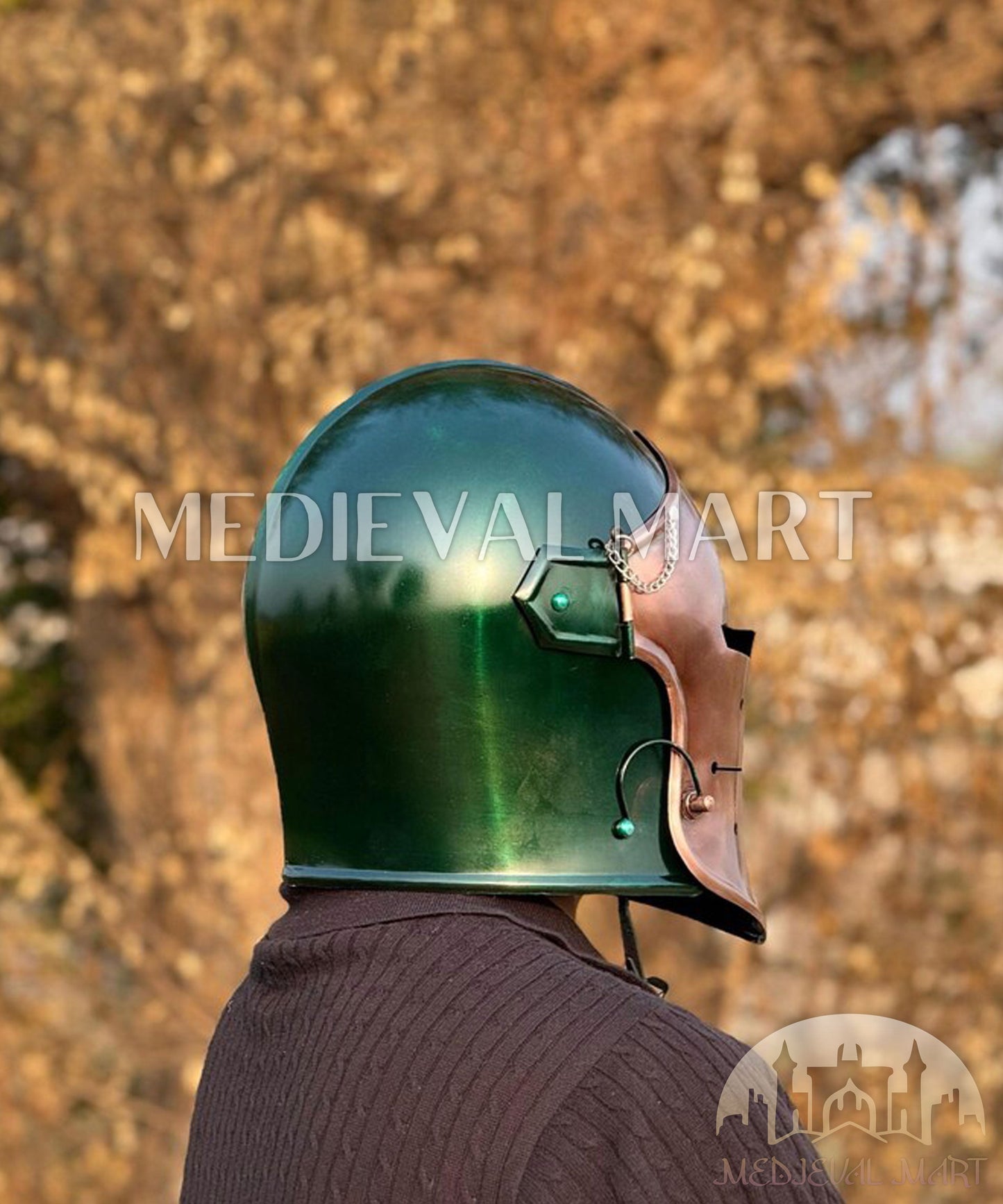 MEDIEVALMART Medieval Knight Armor 18g Mild Steel Copper Green Barbuta Helmet for LARP or Cosplay - Gift For Dad