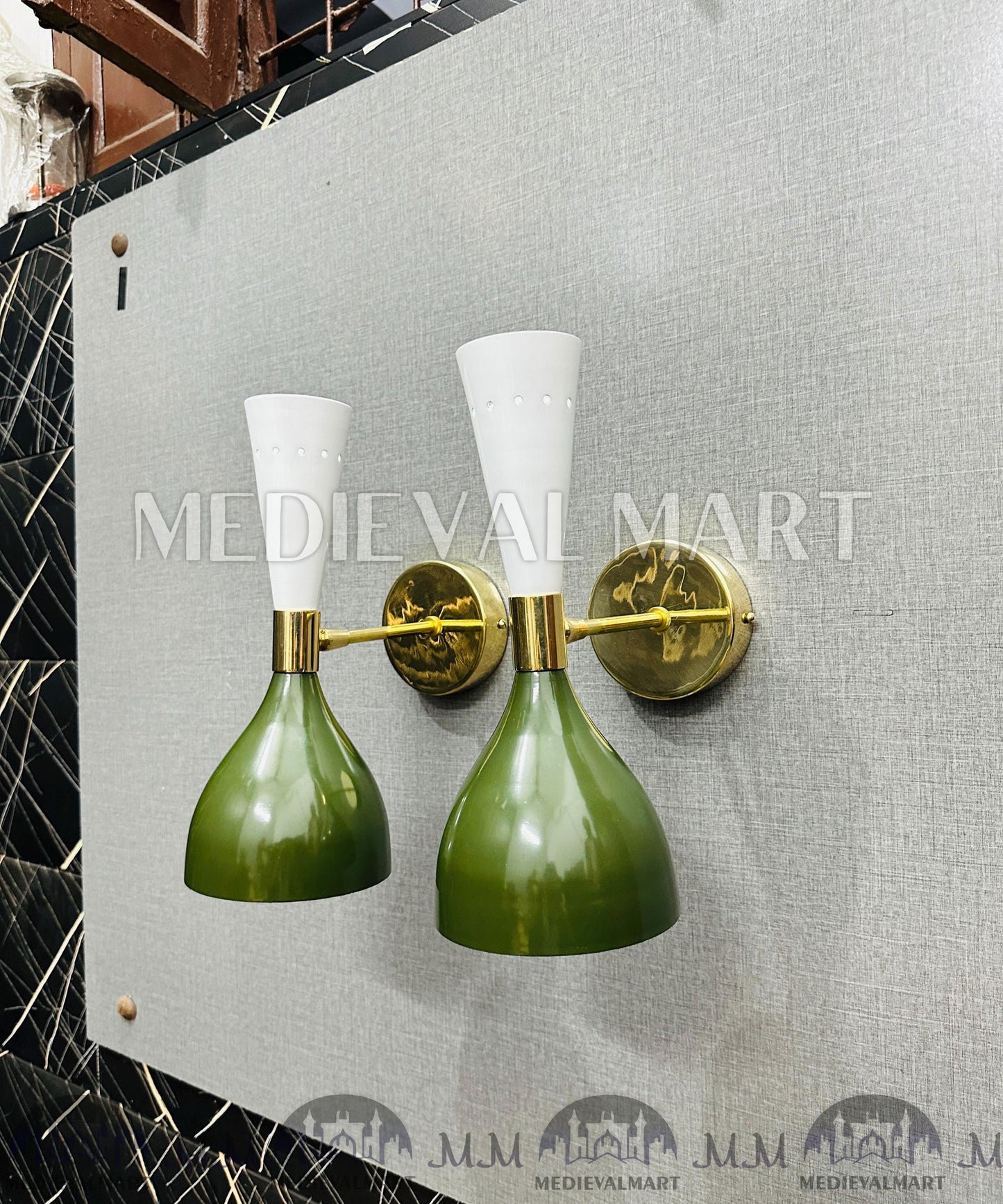 MEDIEVALMART Handmade Brass Double Cone Sconces Olive Green & White Vanity Lights