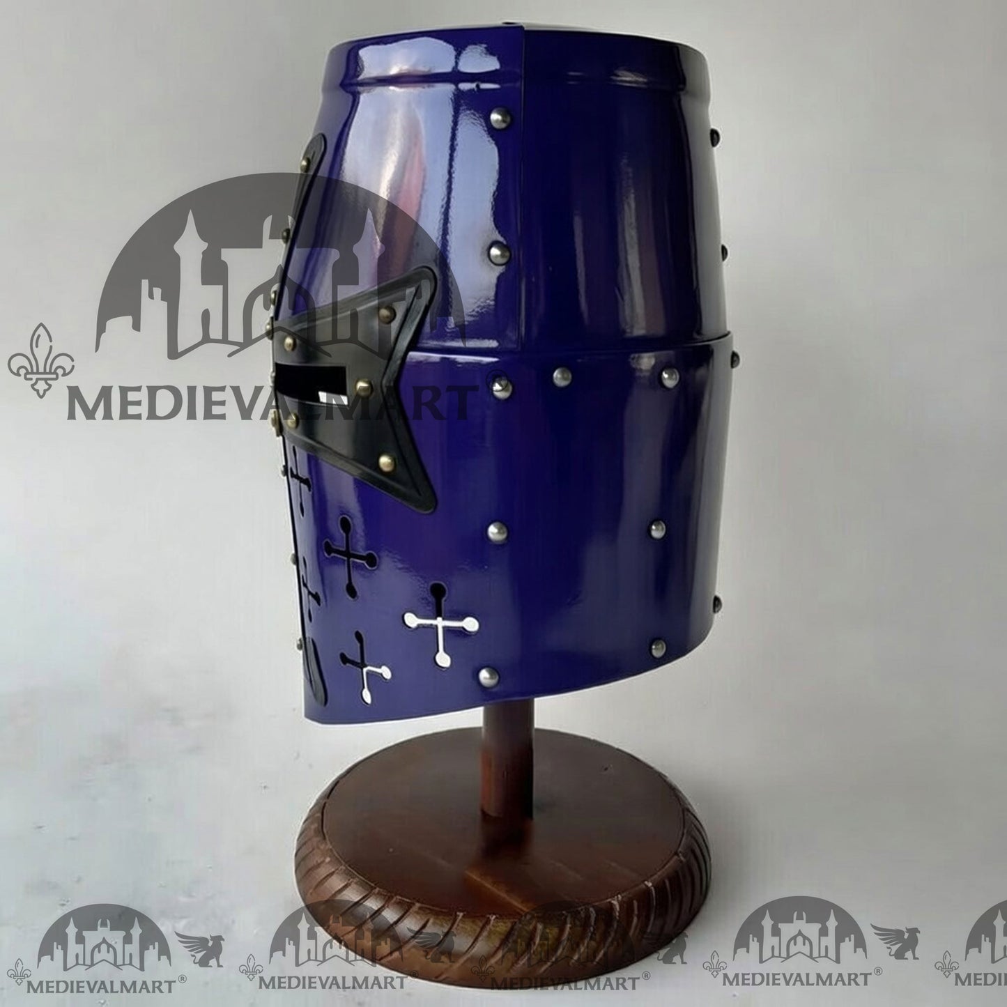 MEDIEVALMART Special Templar Crusader Knight Blue Finish Helmet W/H Free Stand