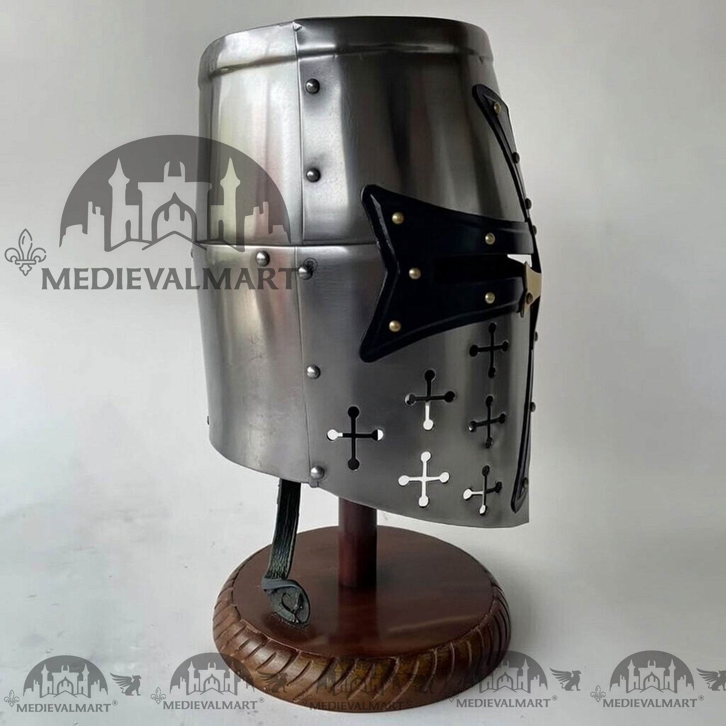 MEDIEVALMART Special Templar Crusader Knight Silver Finish Helmet W/H Free Stand