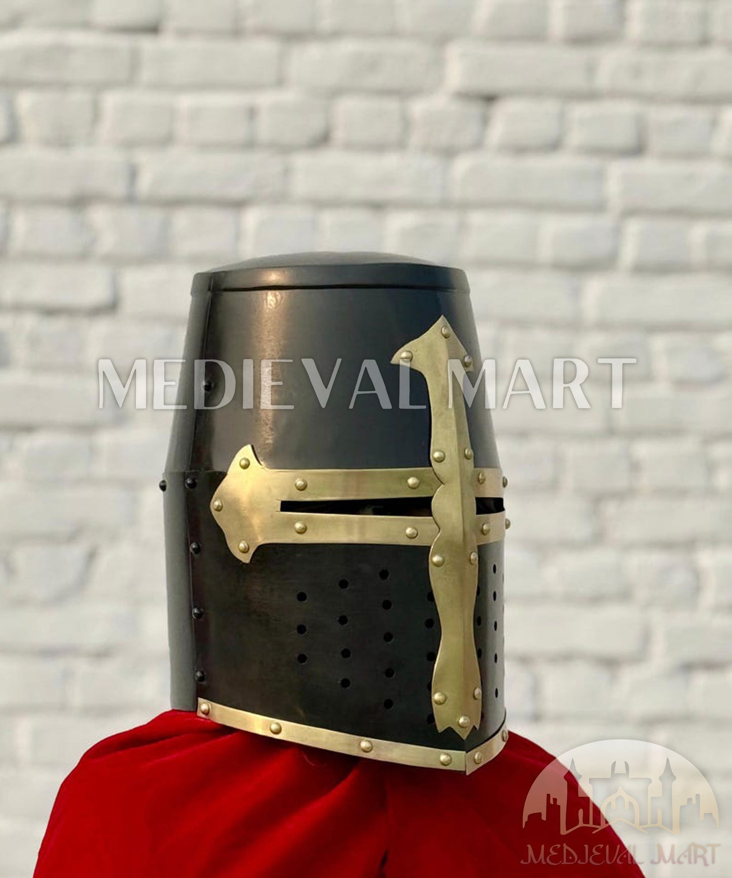 MEDIEVALMART Medieval Black Knight Templar Crusader  Knight Helmet W/H Brass Deco for LARP or Cosplay - Gift For Dad
